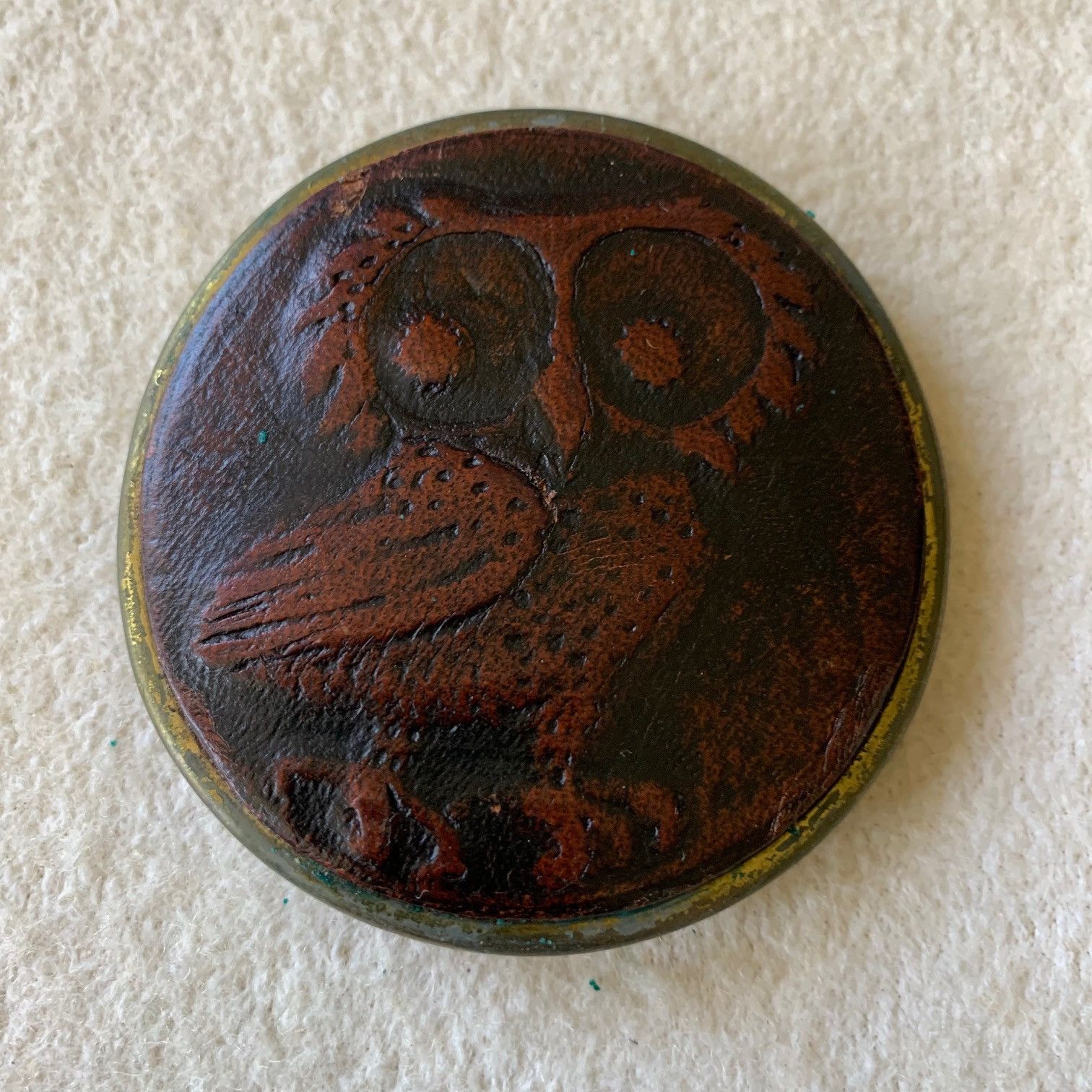 image of Vintage Metal Brass Belt Buckle Leather Owl Insert 1970's, Men's