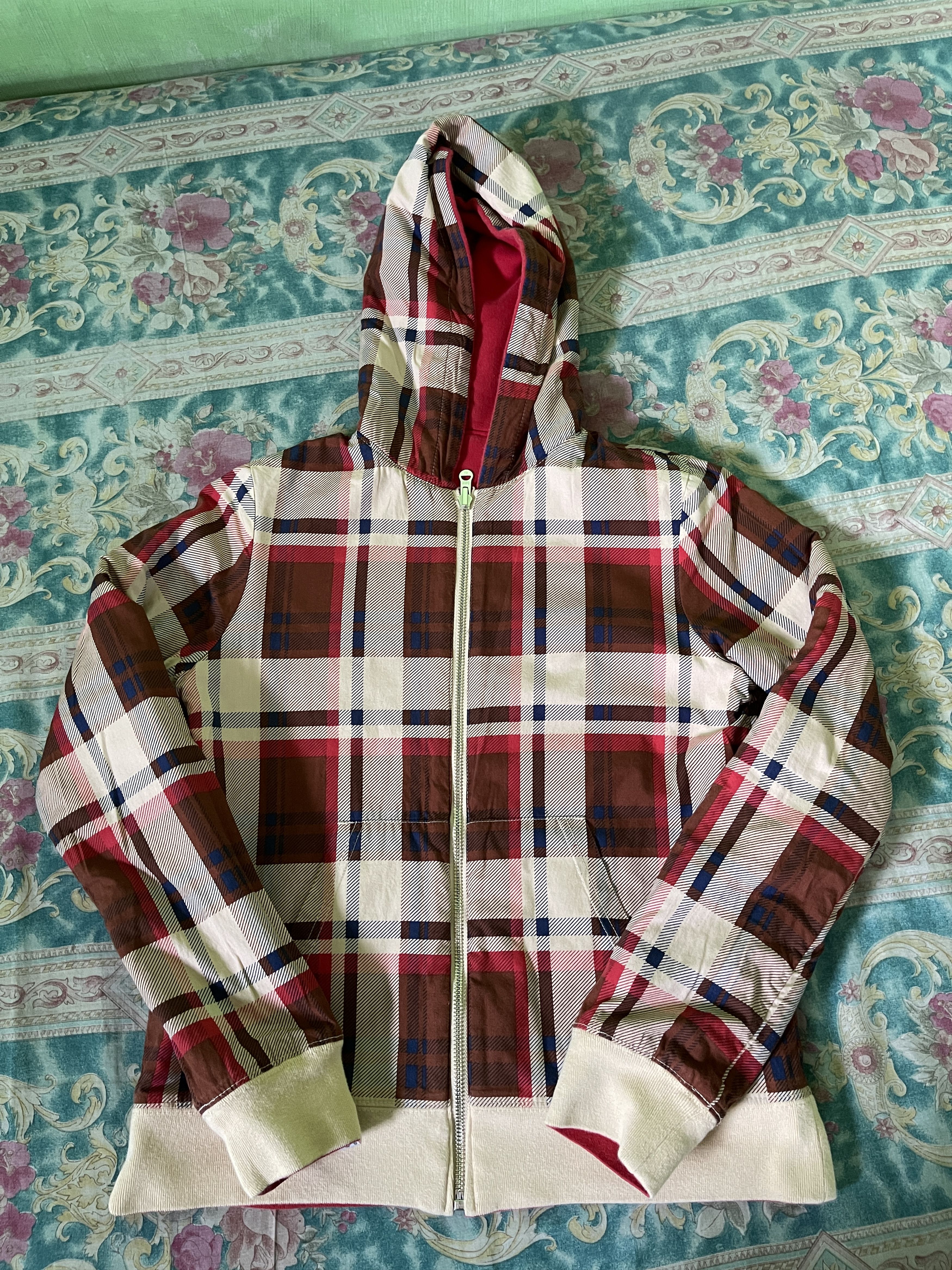 image of Zip Hoodie Bape Plaid Reversible in Red/Brown, Women's (Size XS)
