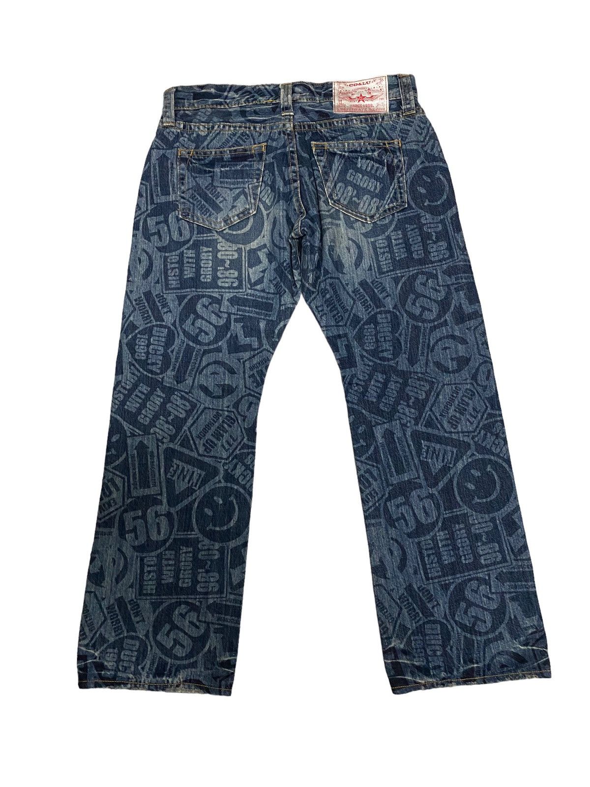 image of Distressed Denim x Vintage Offervintage Co&lu Smiley Fullprint Distress Denim Jeans, Men's (Size 34