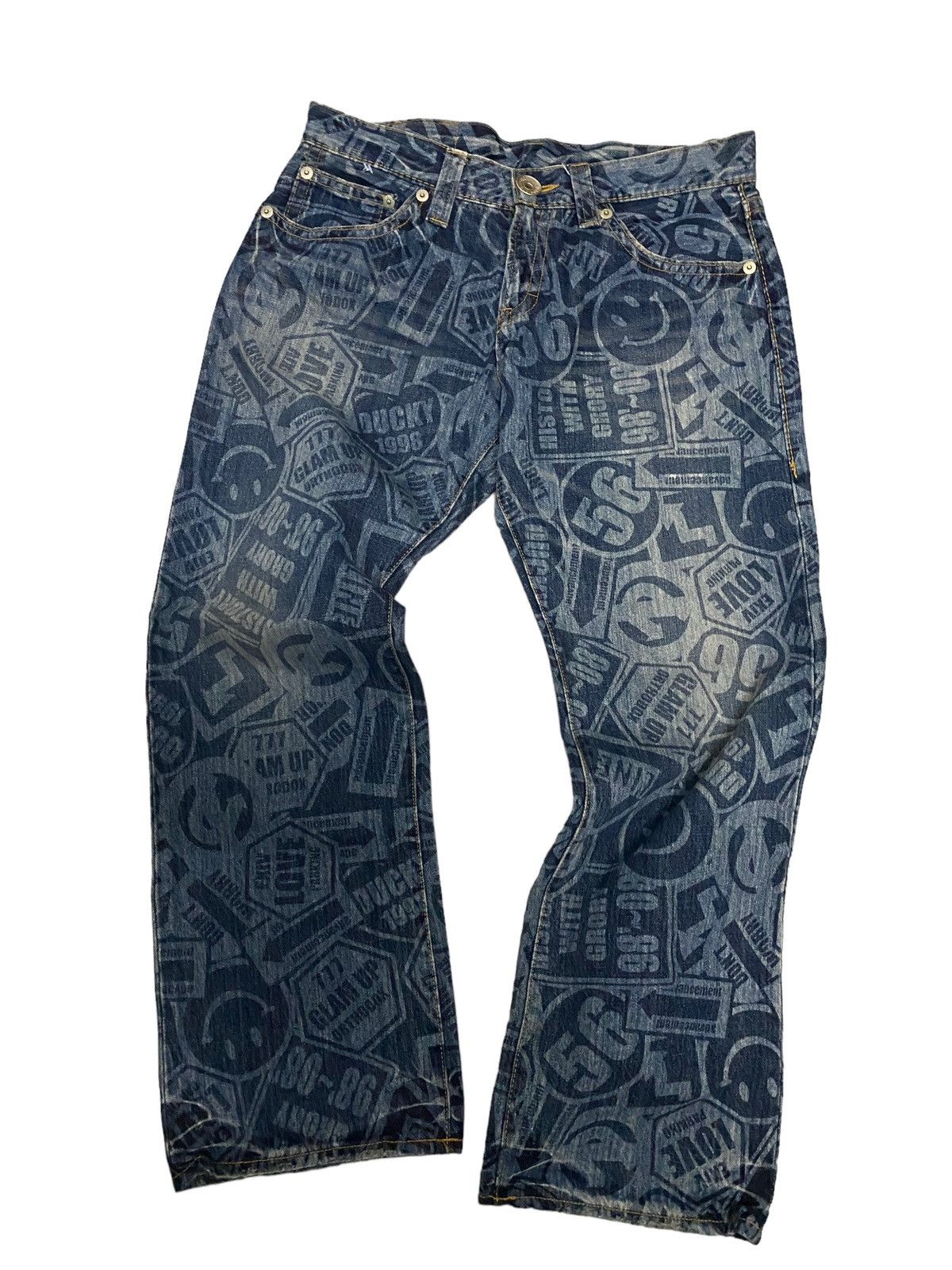 image of Distressed Denim x Vintage Co&lu Smiley Fullprint Distress Denim Jeans, Men's (Size 34)