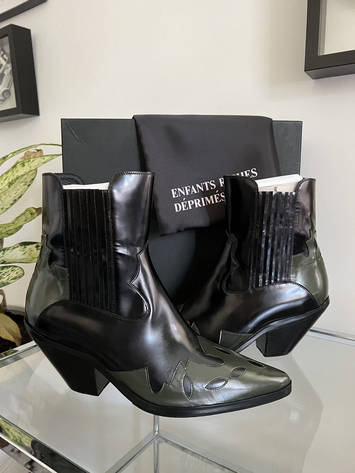 image of Enfants Riches Deprimes Leather Cowboy Runway Boots in Black, Men's (Size 9)
