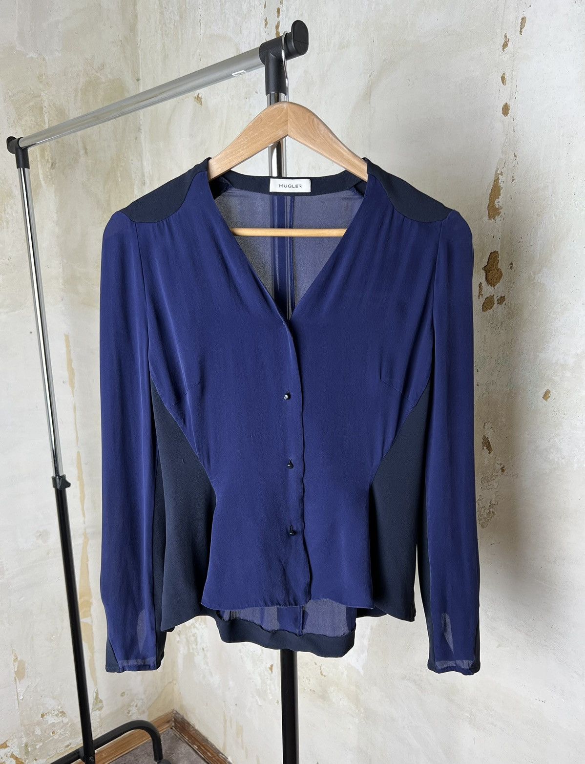 image of Mugler Silk Mesh Blouse in Navy, Women's (Size Medium)