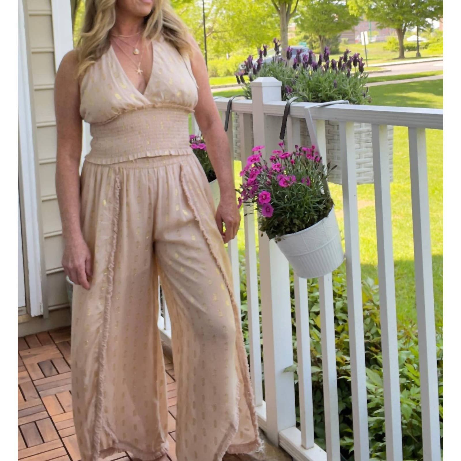 Designer SURF GYPSY Tan And Gold Lurex Halter Top In Light Tan | Grailed
