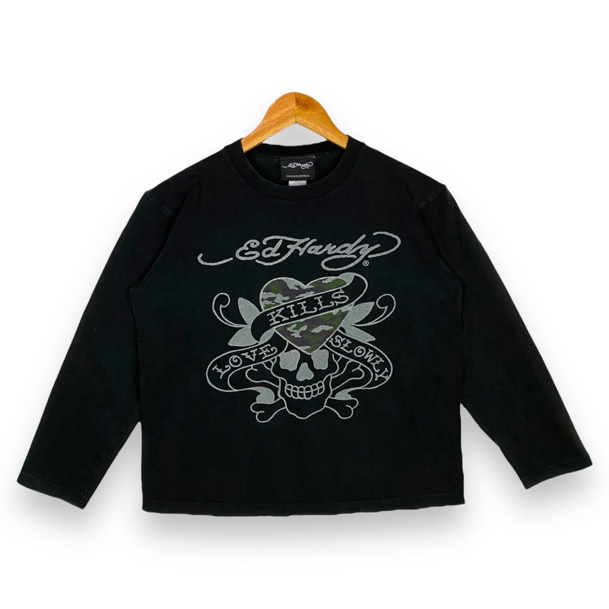image of Ed Hardy Love Kills Slowly Skull Tattoo Long sleeve Shirt in Black, Men's (Size Medium)