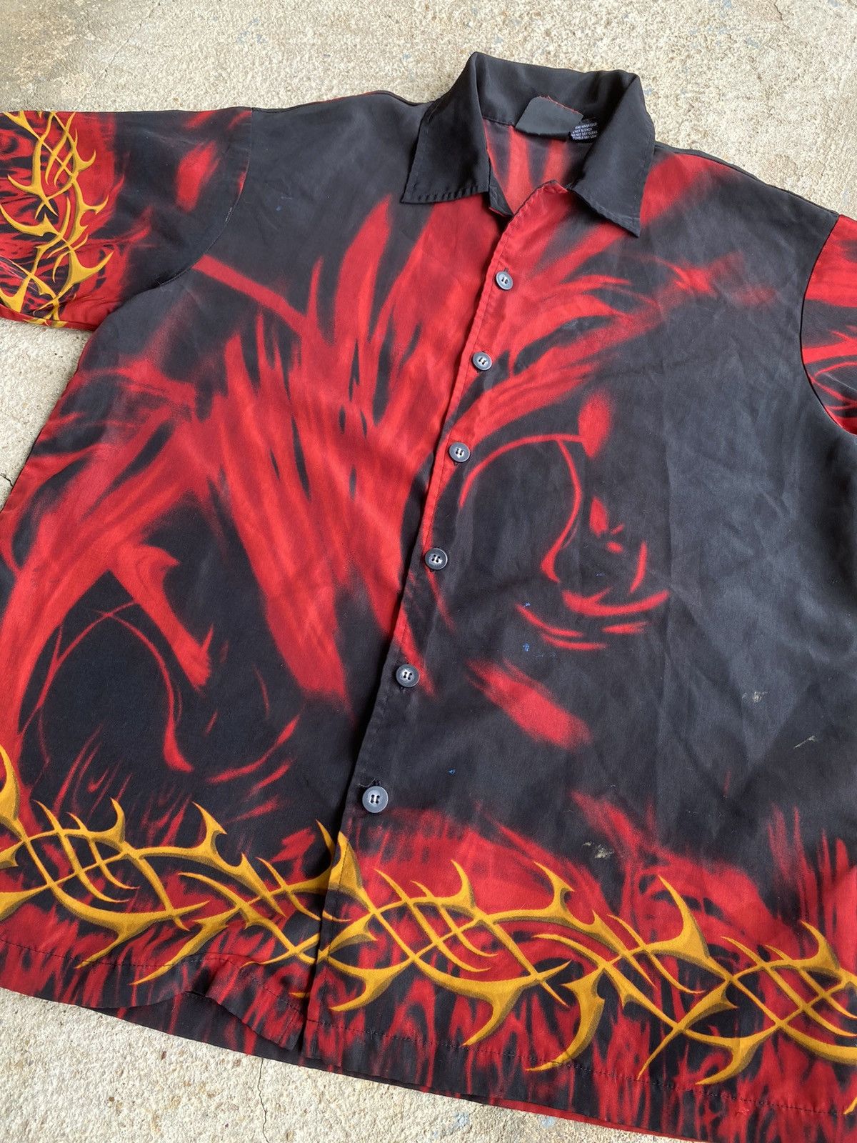 Japanese Brand × Vintage Vintage Y2K Tribal Flame Button Up Stained Flame Shirt Size US XL / EU 56 / 4 - 2 Thumbnail