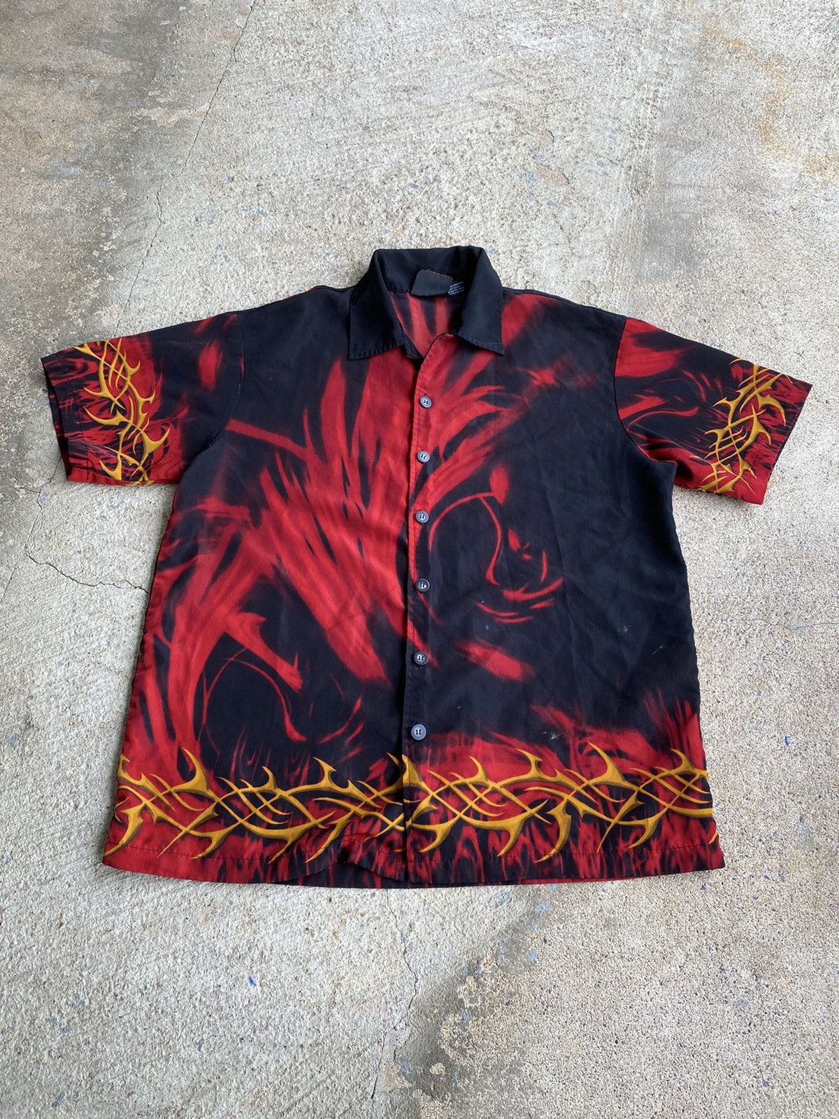 Japanese Brand × Vintage Vintage Y2K Tribal Flame Button Up Stained Flame Shirt Size US XL / EU 56 / 4 - 1 Thumbnail
