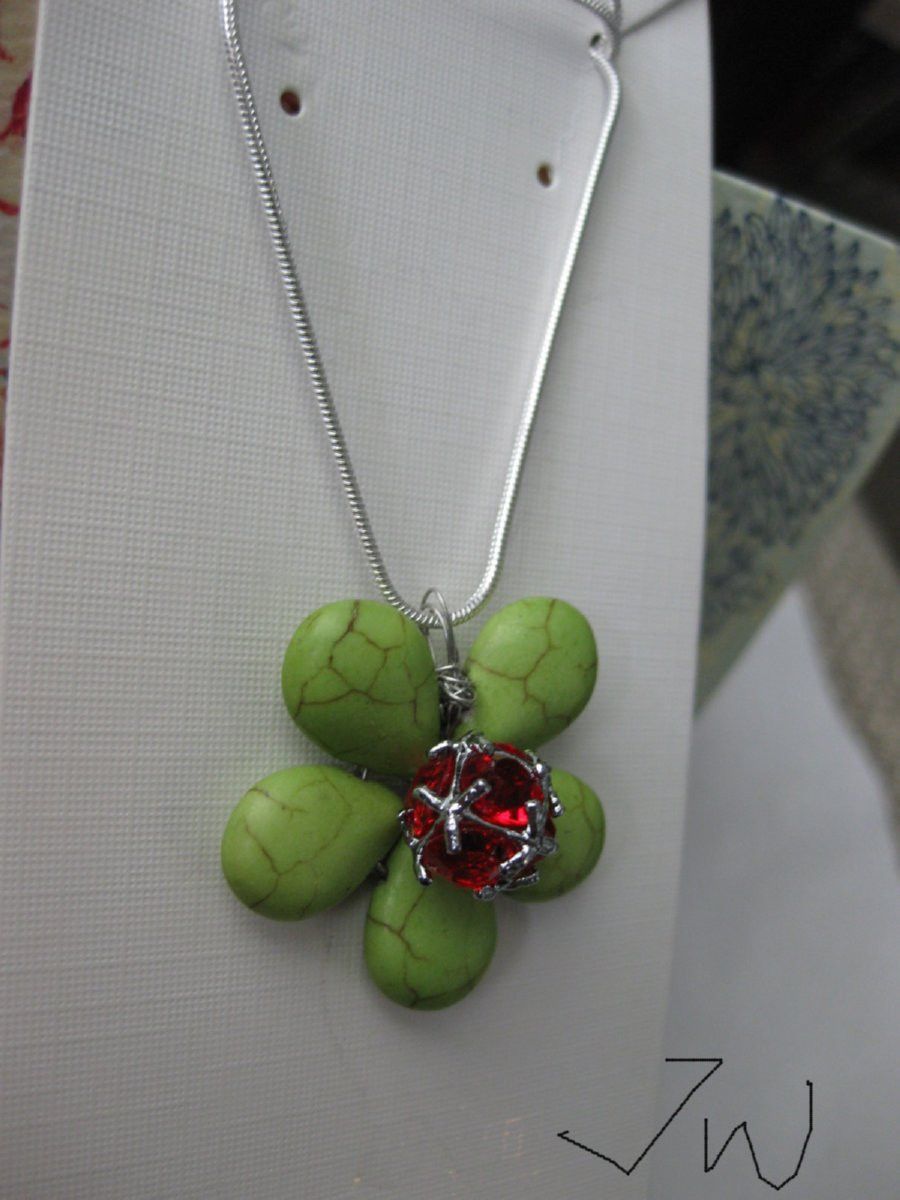 Handmade Green Turquoise Flower Necklace with Red CZ Size ONE SIZE - 3 Thumbnail