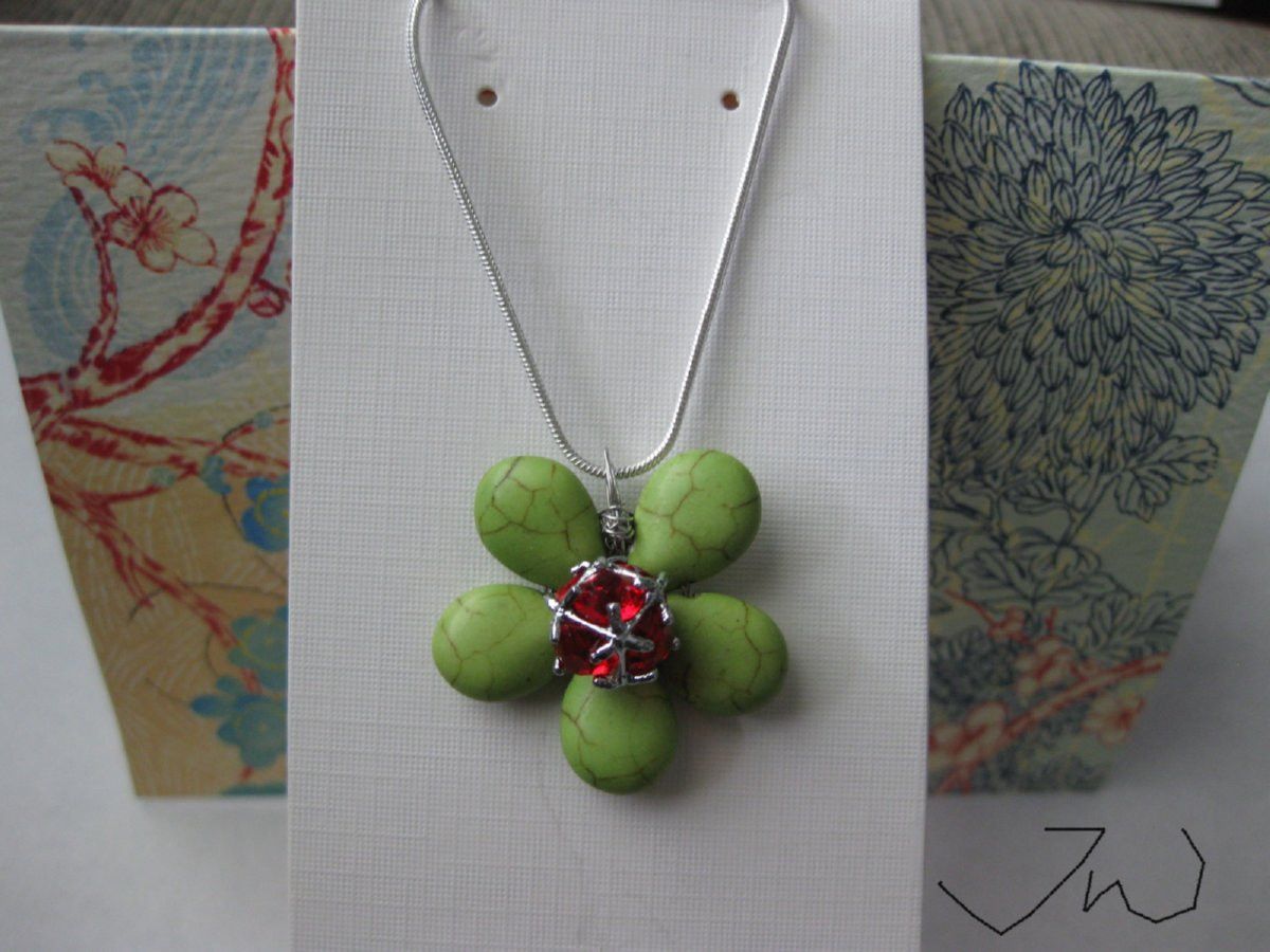 Handmade Green Turquoise Flower Necklace with Red CZ Size ONE SIZE - 1 Thumbnail