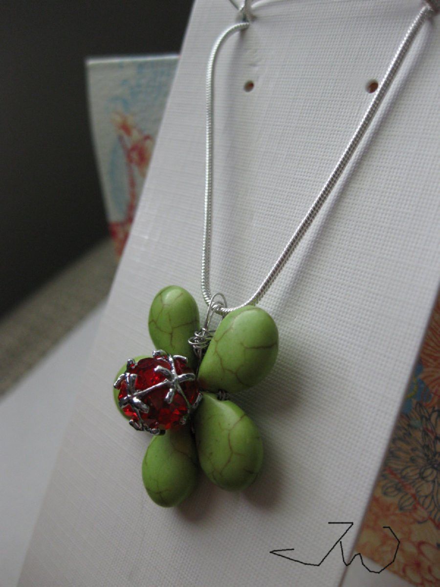 Handmade Green Turquoise Flower Necklace with Red CZ Size ONE SIZE - 2 Thumbnail