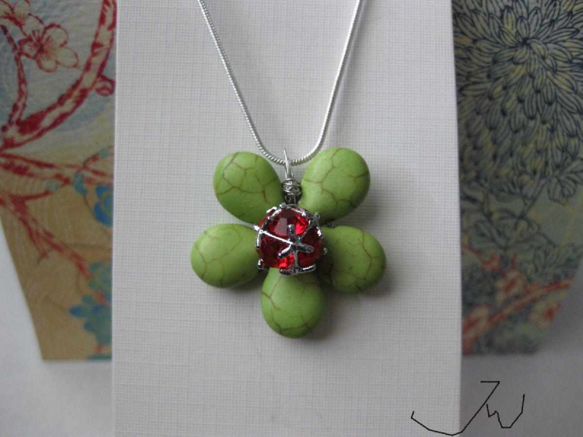 Handmade Green Turquoise Flower Necklace with Red CZ Size ONE SIZE - 4 Thumbnail