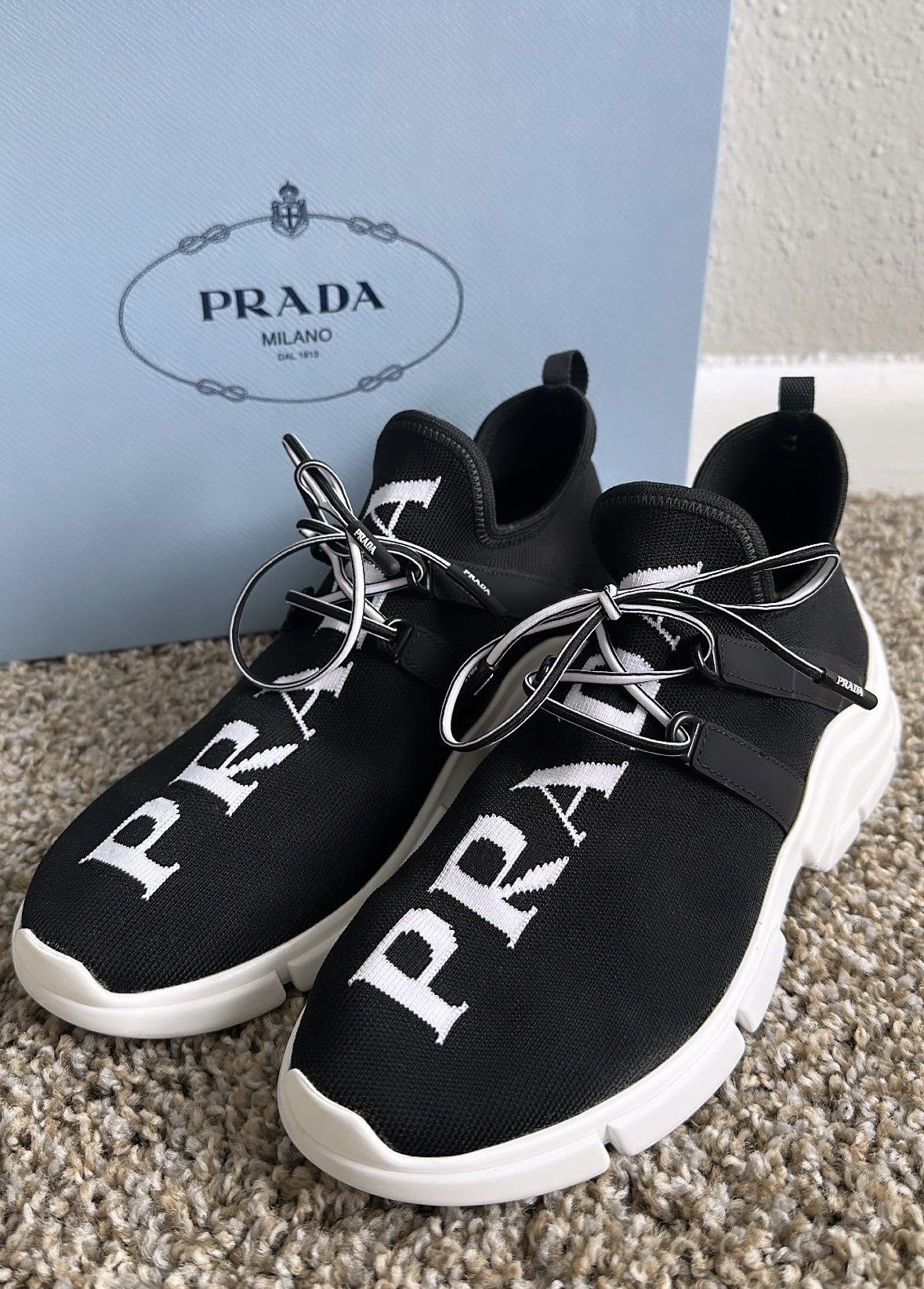 image of Designer Prada Women's Logo Knit Sneakers in Black (Size 7)