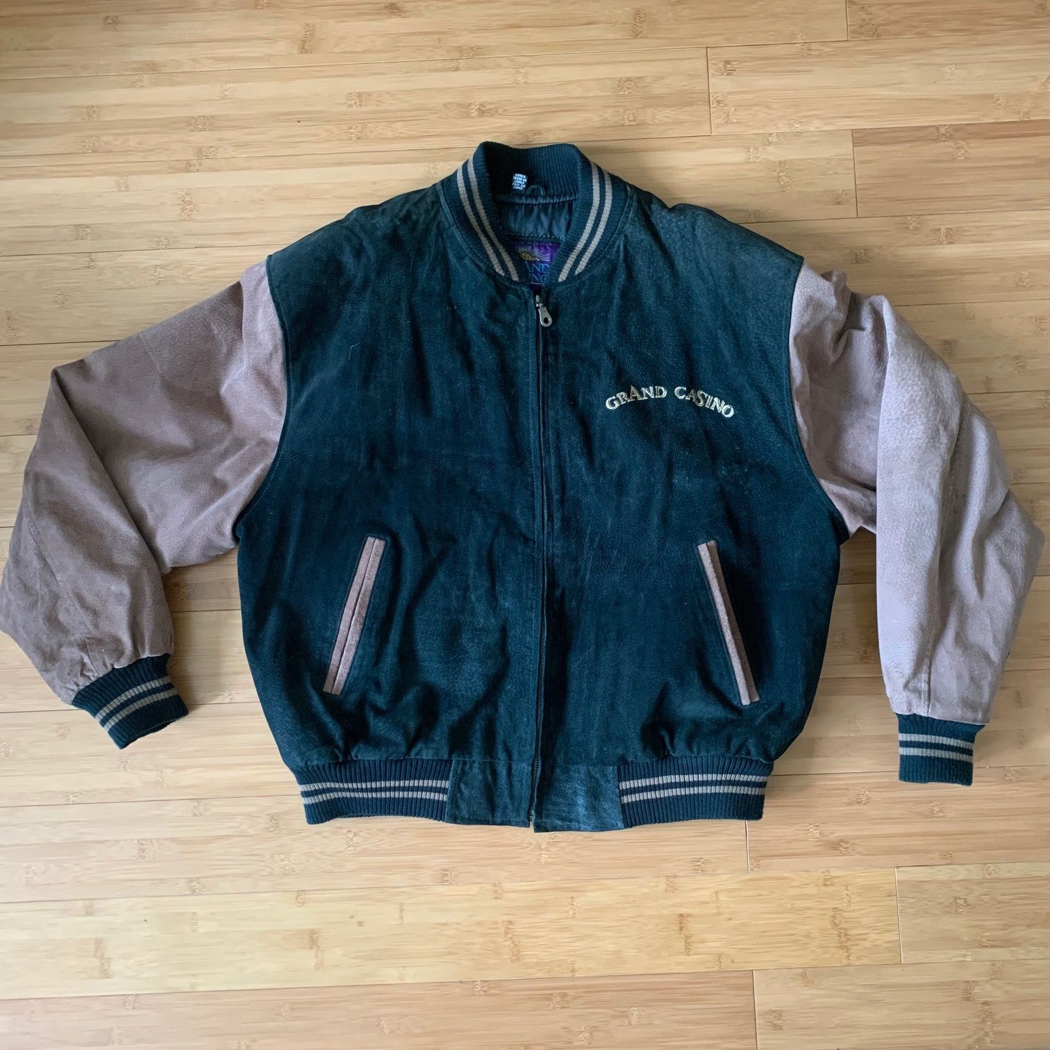 image of Grand Casino Suede Bomber Varsity Jacket XL 80Sstyle in Beige/Green, Men's