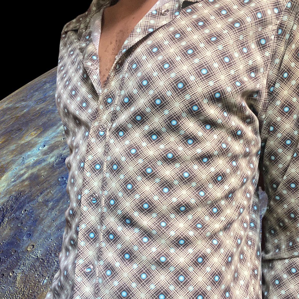 Calvin Klein CALVIN KLEIN 70s STYLE TAN ARGYLE POLKA DOT SHIRT_ MEDIUM Size M / US 6-8 / IT 42-44 - 2 Thumbnail