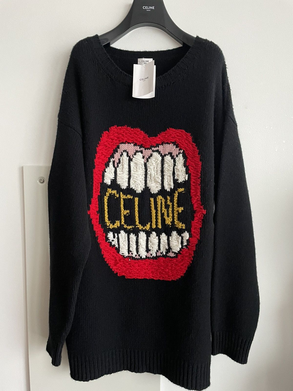 image of Celine x Hedi Slimane Extremely Dancing Kid Mouth Logo Sweater in Black (Size XL)