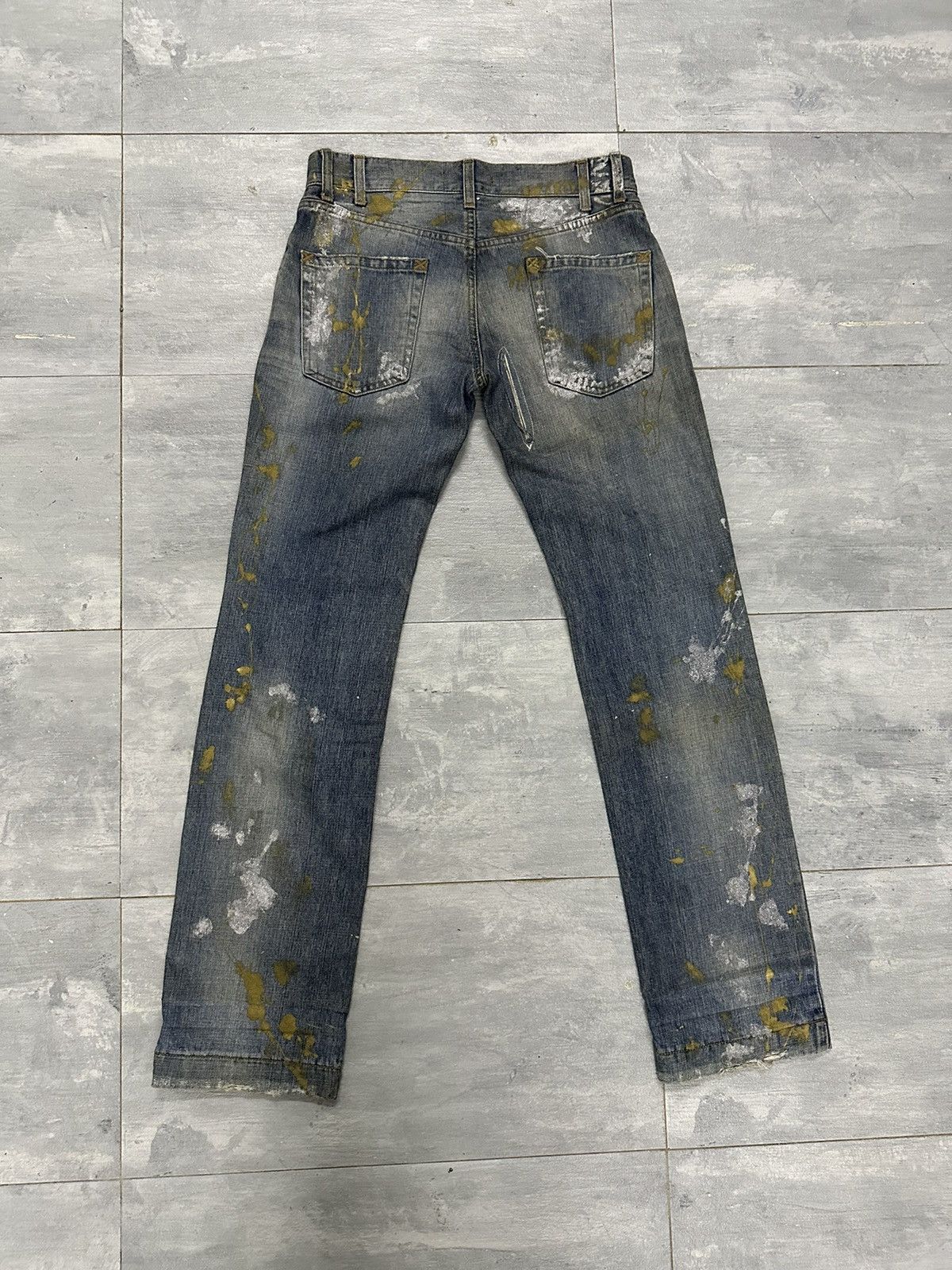 image of Dolce Gabbana Distress D&g Metallic Gold Splash Painter Pant in Blue Denim, Men's (Size 32)