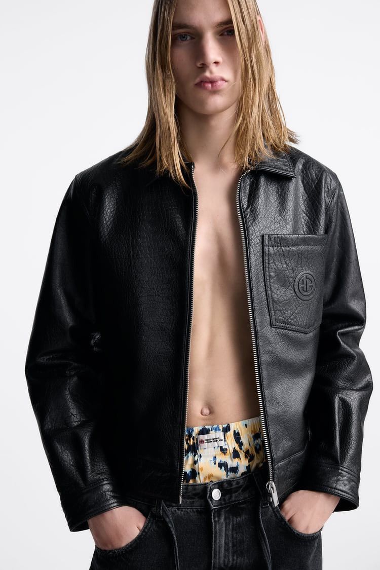image of Rhude x Zara New Cropped Leather Jacket in Black, Men's (Size Large)