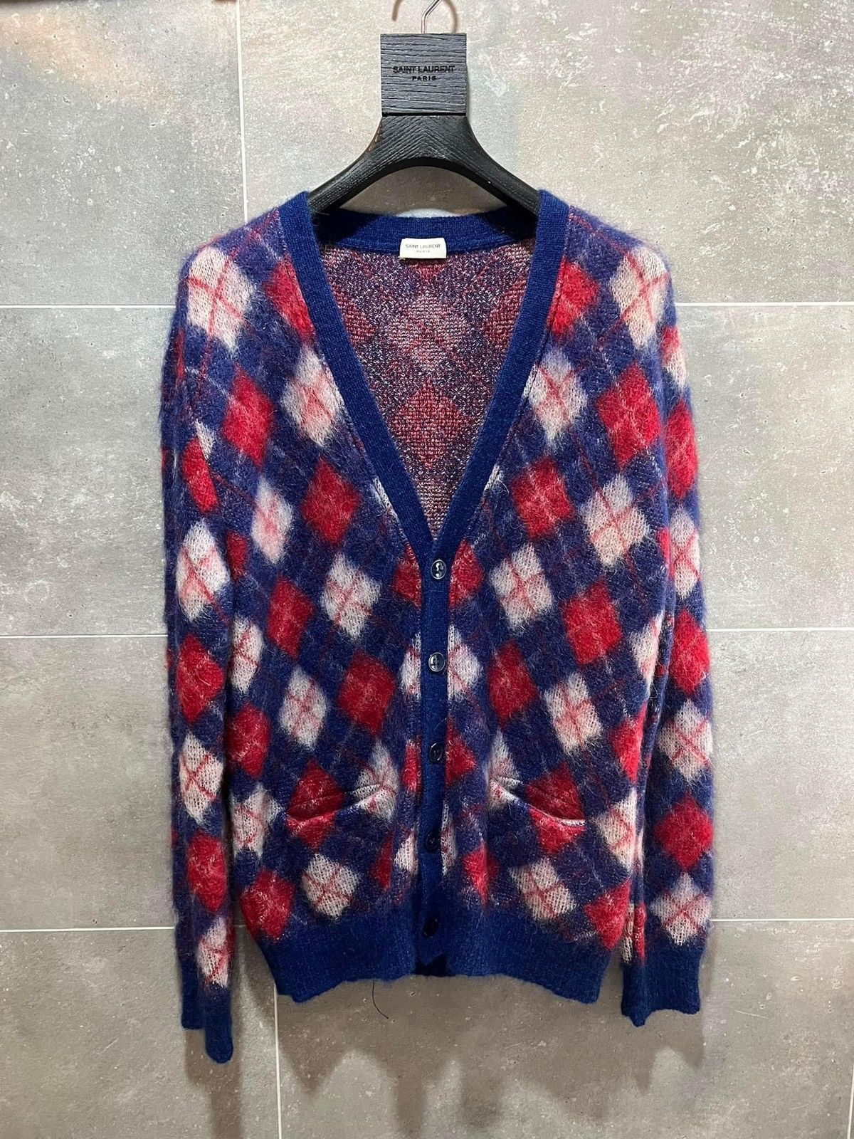 NWT $1,550 Saint Laurent Oversized Chevron Jacquard Mohair Cardigan L  AUTHENTIC