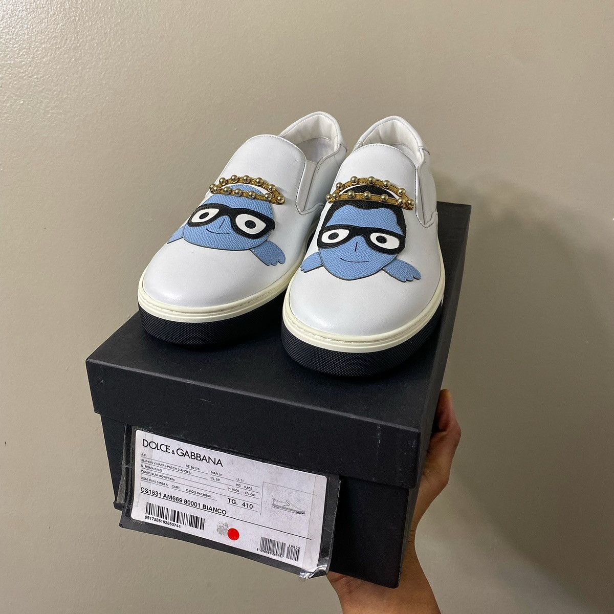 image of Dolce Gabbana Dgfamily Angel Patch Slipons in White, Men's (Size 8)