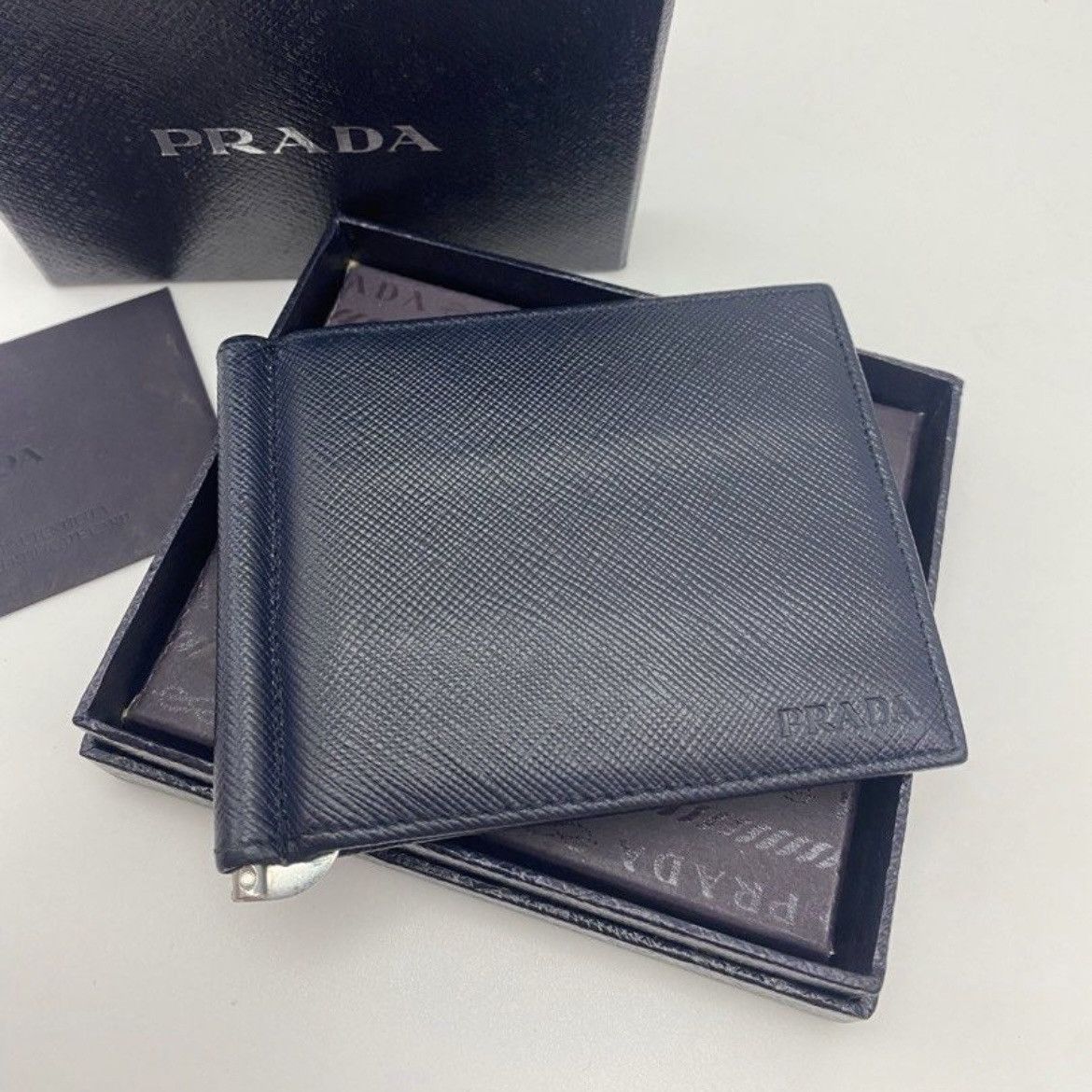 Prada Navy Blue Saffiano Lux Leather Money Clip Bi-fold Wallet