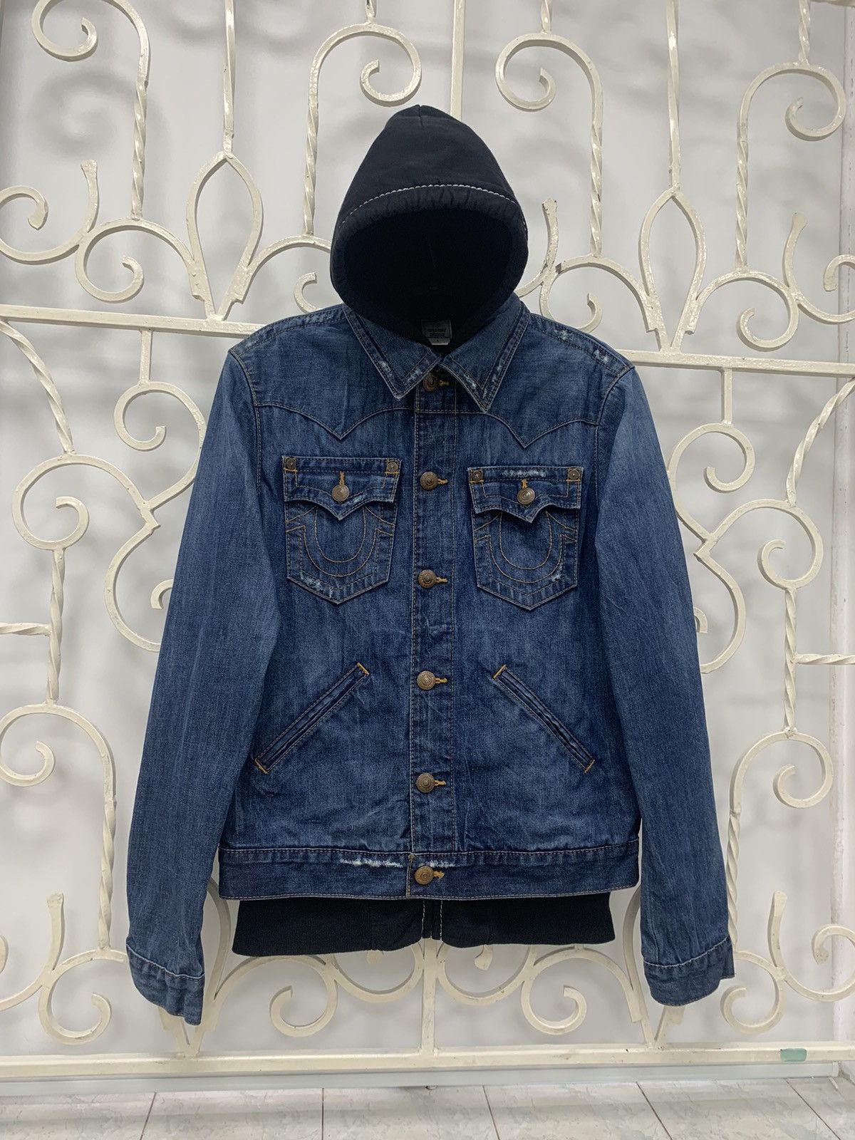 image of Distressed Denim x True Religion Denim Jacket With Hoodie Attached in Blue, Men's (Size Medium)
