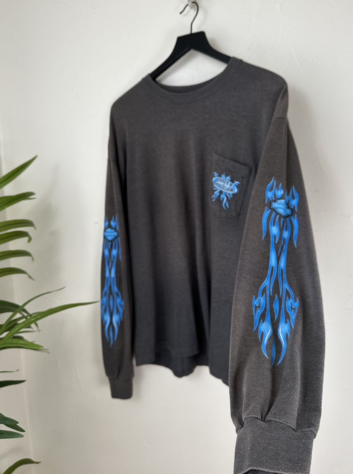 image of Sunfaded Blue Flames Harley Davidson Longsleeve Tee in Dark Grey, Men's