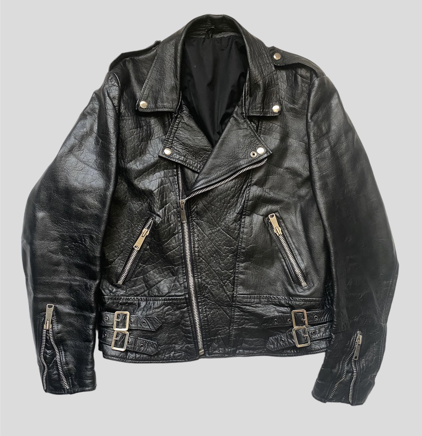 image of Rare Vintage 80's Leather Biker Jacket England Punk Style in Black, Men's (Size Medium)