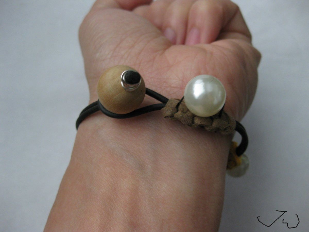 Jewelry Green Agate Bead and Pearl Bead Leather Rubber Bracelet Size ONE SIZE - 6 Thumbnail