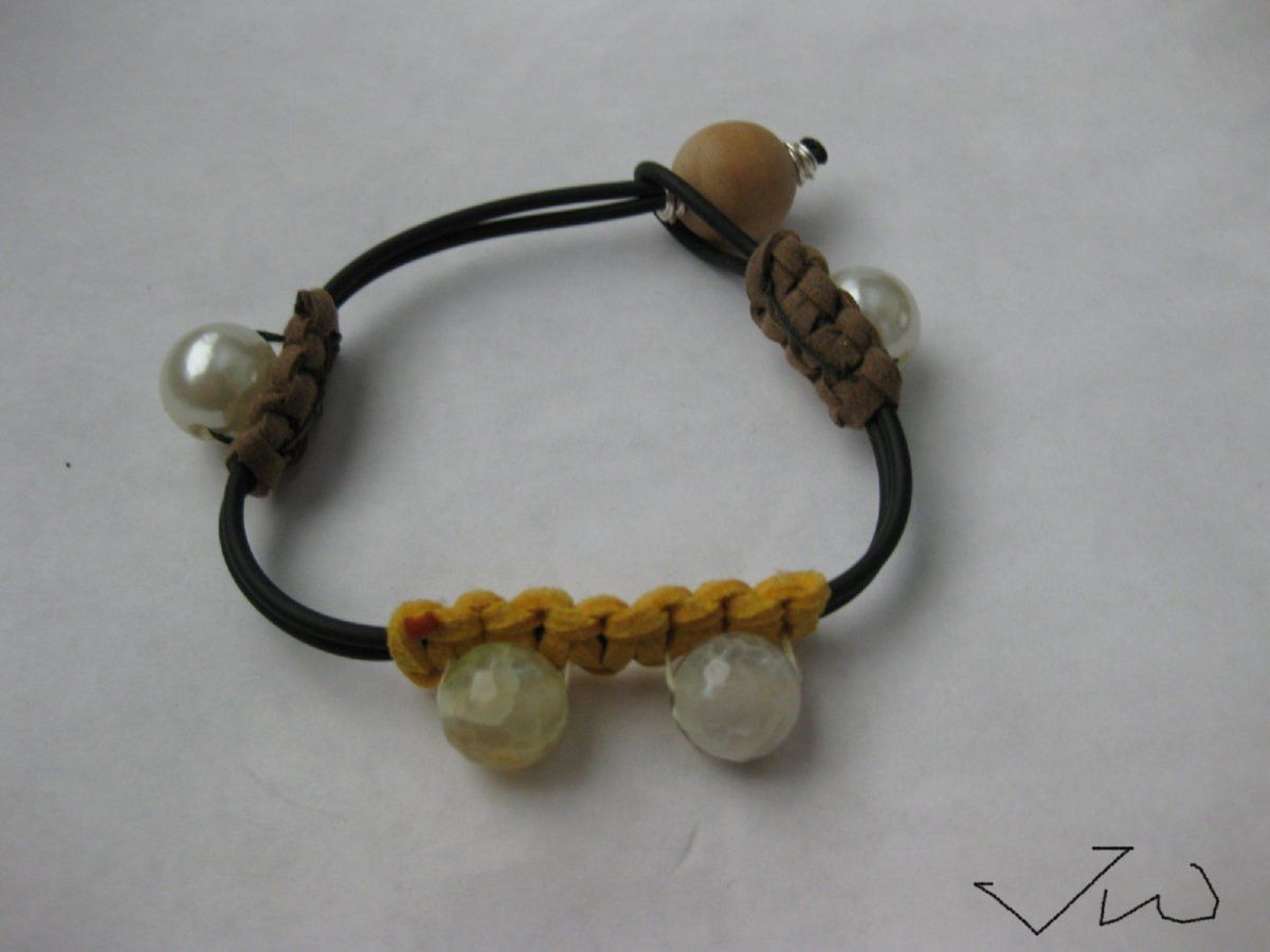 Jewelry Green Agate Bead and Pearl Bead Leather Rubber Bracelet Size ONE SIZE - 2 Thumbnail
