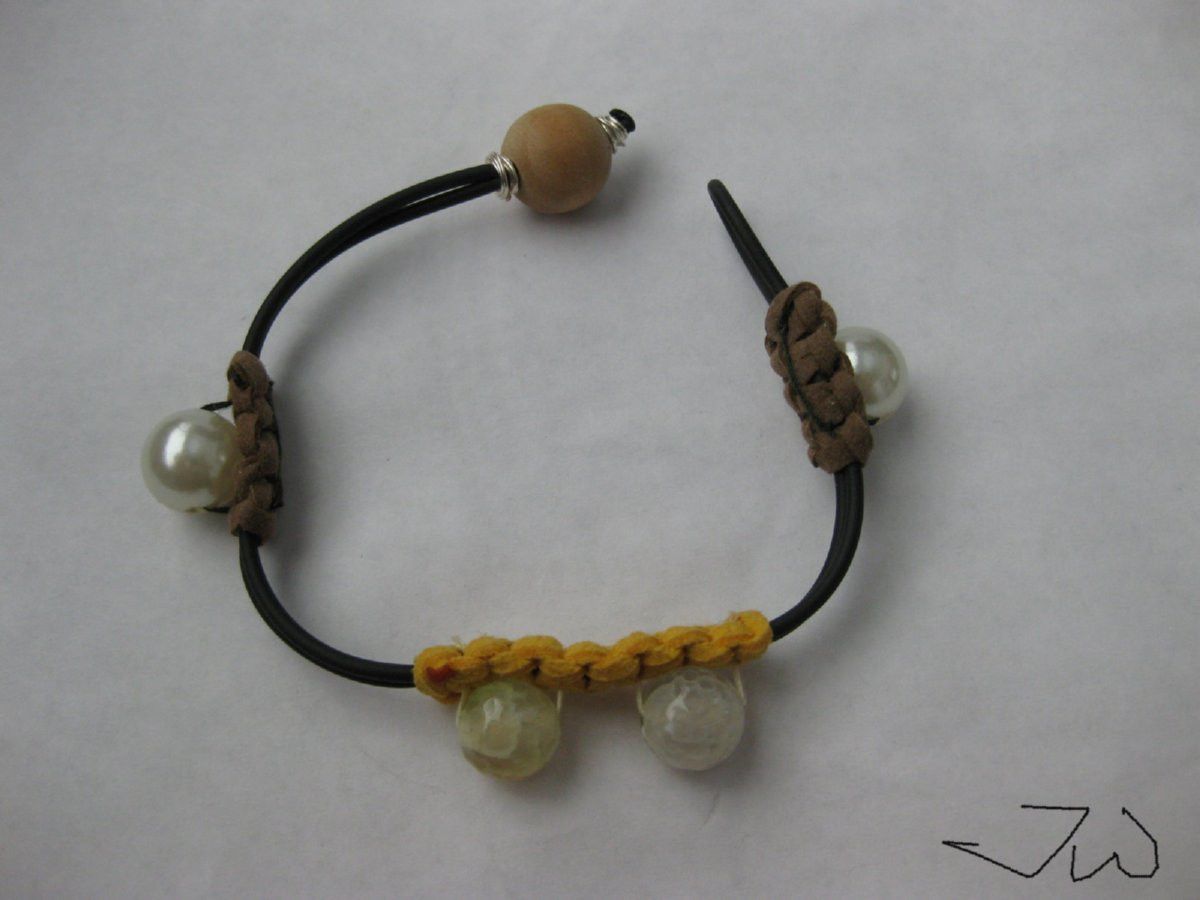 Jewelry Green Agate Bead and Pearl Bead Leather Rubber Bracelet Size ONE SIZE - 3 Thumbnail