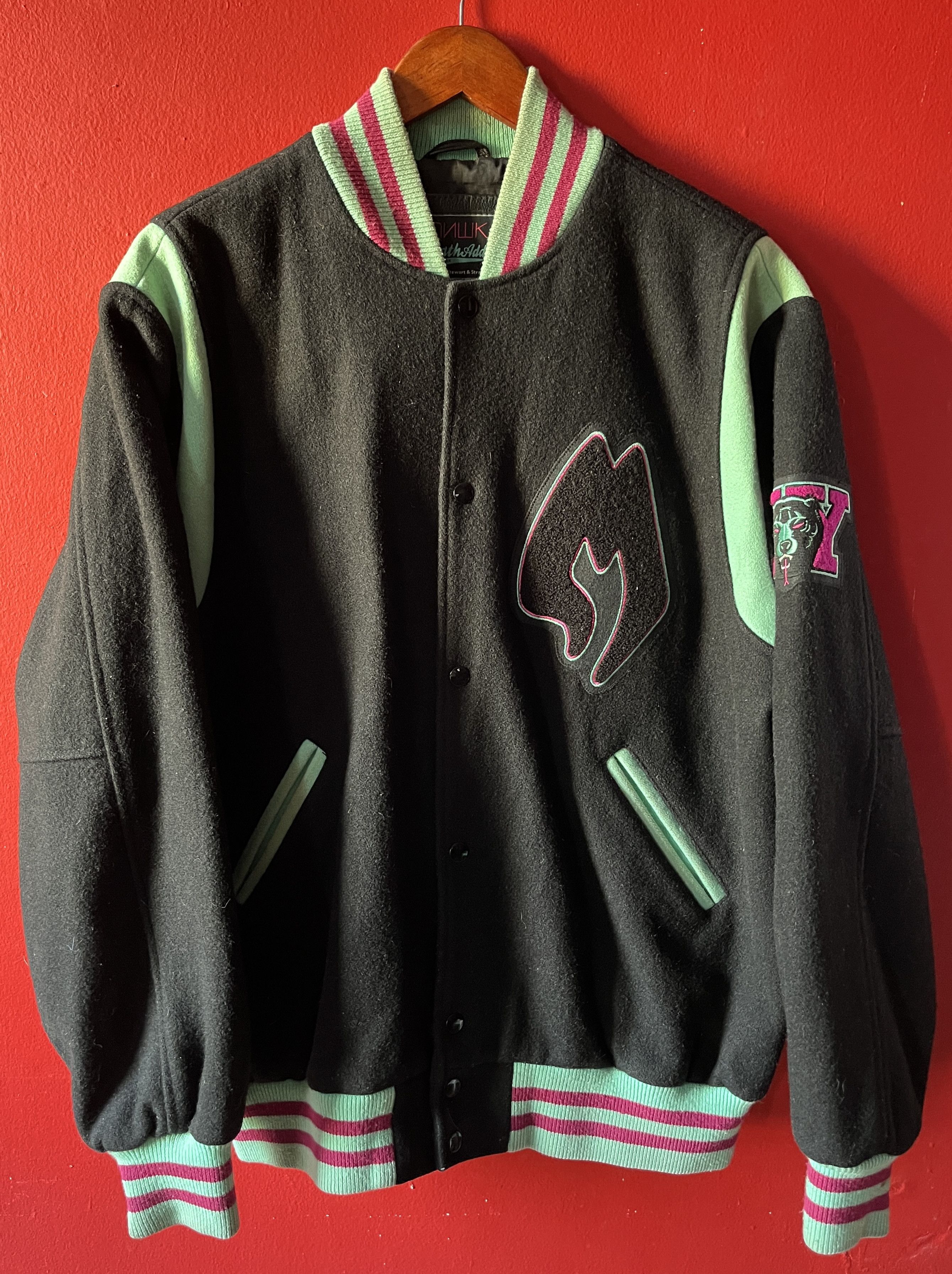 image of Mishka x Varsity Jacket Death Adders Wool Varsity Jacket Mnwka Black Teal Pink, Men's (Size Medium)