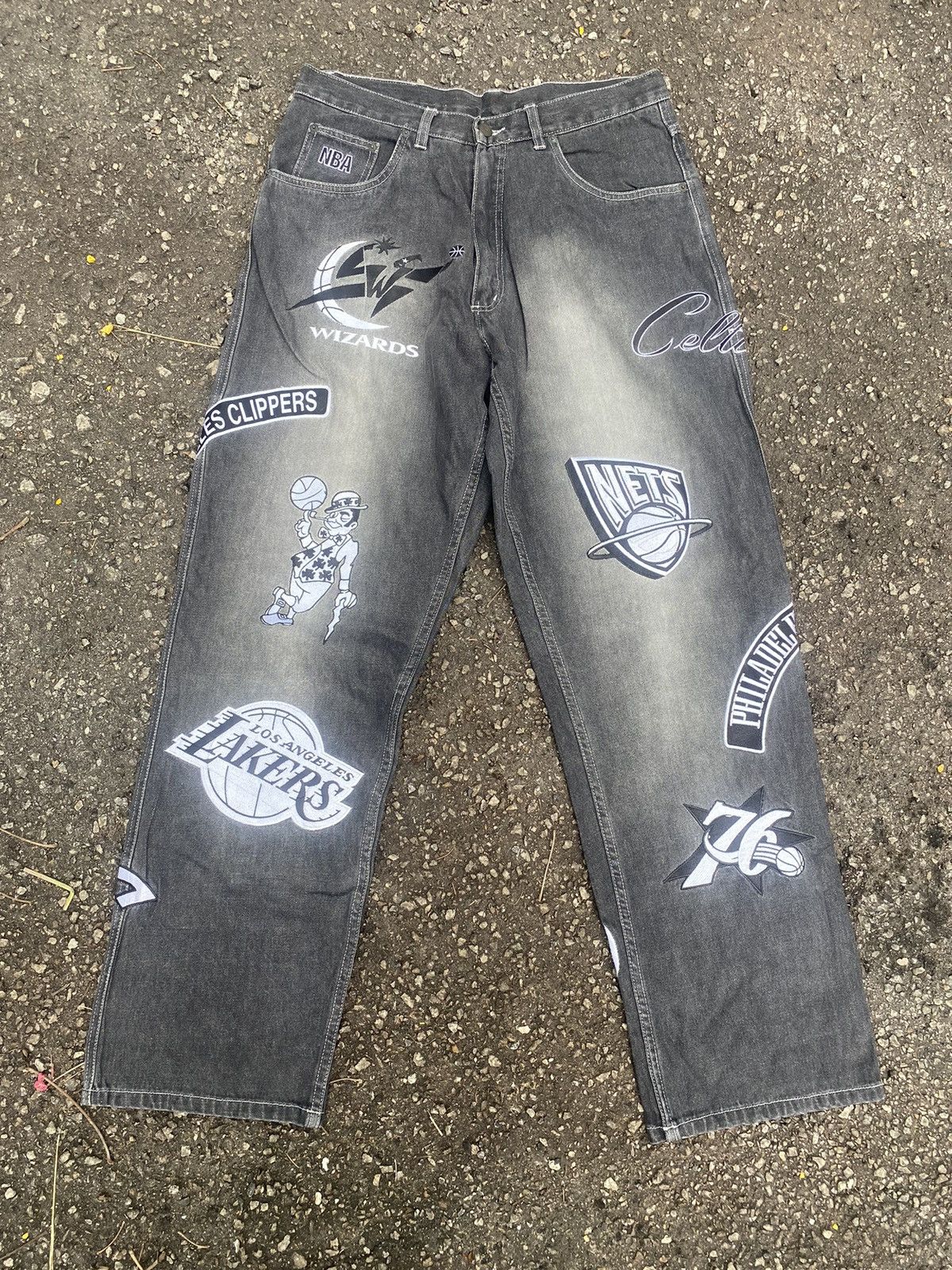image of If Six Was Nine x Jnco Baggy Jeans Vintage Nba Unk Logo Patchwork Embroidered in Grey (Size 32)