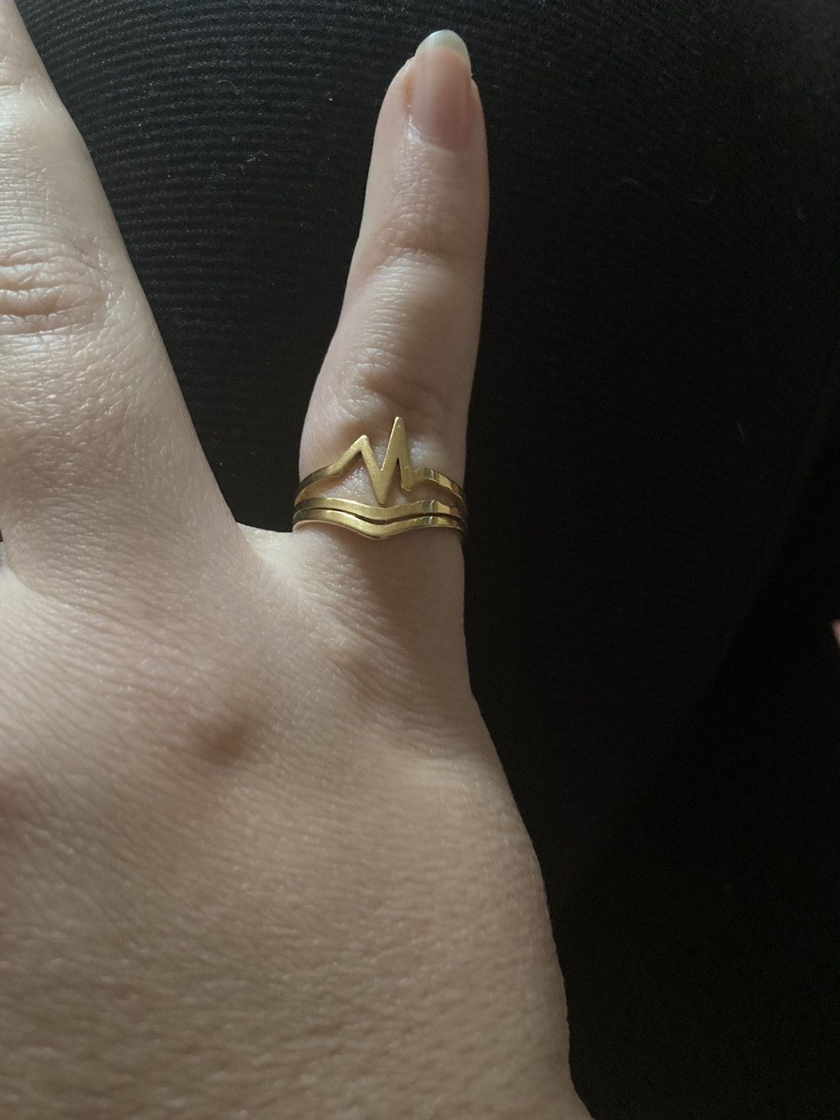 Jewelry 18 karat gold plated stainless steel heartbeat ridge ring Size ONE SIZE - 1 Thumbnail