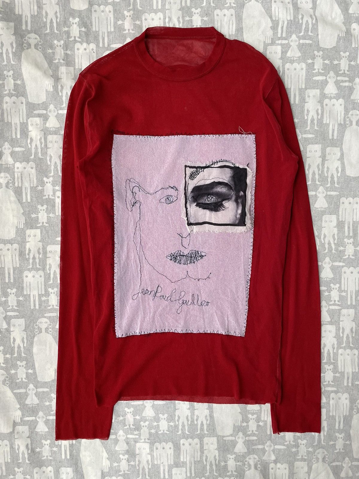 image of Jean Paul Gaultier Appliqué Face Tattoo Mesh Top Ss02 in Red, Men's (Size Small)