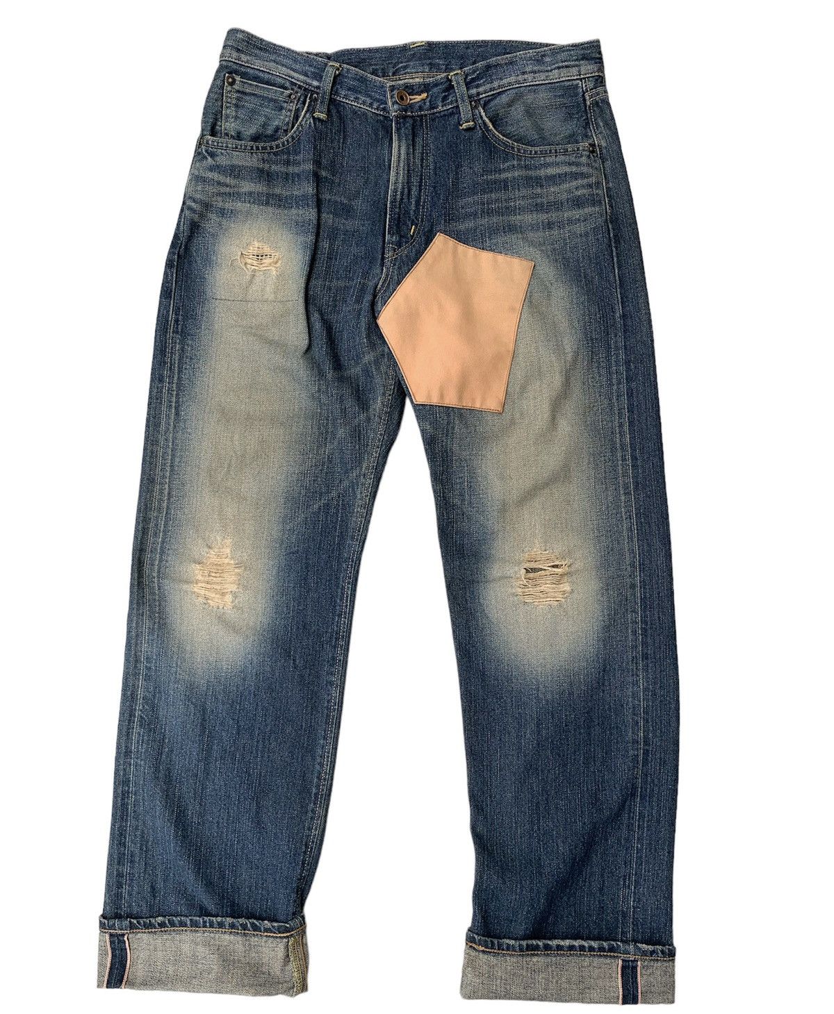 image of Distressed Edwin Patchwork Selvedge Denim Pants in Blue, Men's (Size 32)