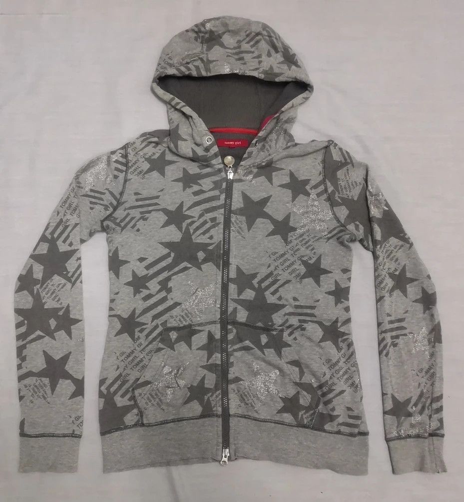 image of Tommy Hilfiger Tommy Girl Zipper Up Hoodie Sweatshirt Overprint Designer in Grey, Men's (Size Small