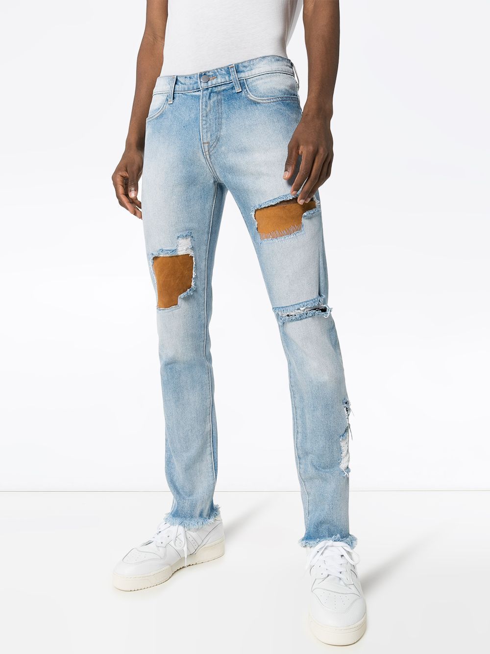 image of 424 On Fairfax x Fourtwofour On Fairfax 424 Light Wash Distressed Panelled Jeans in Light Blue Wash