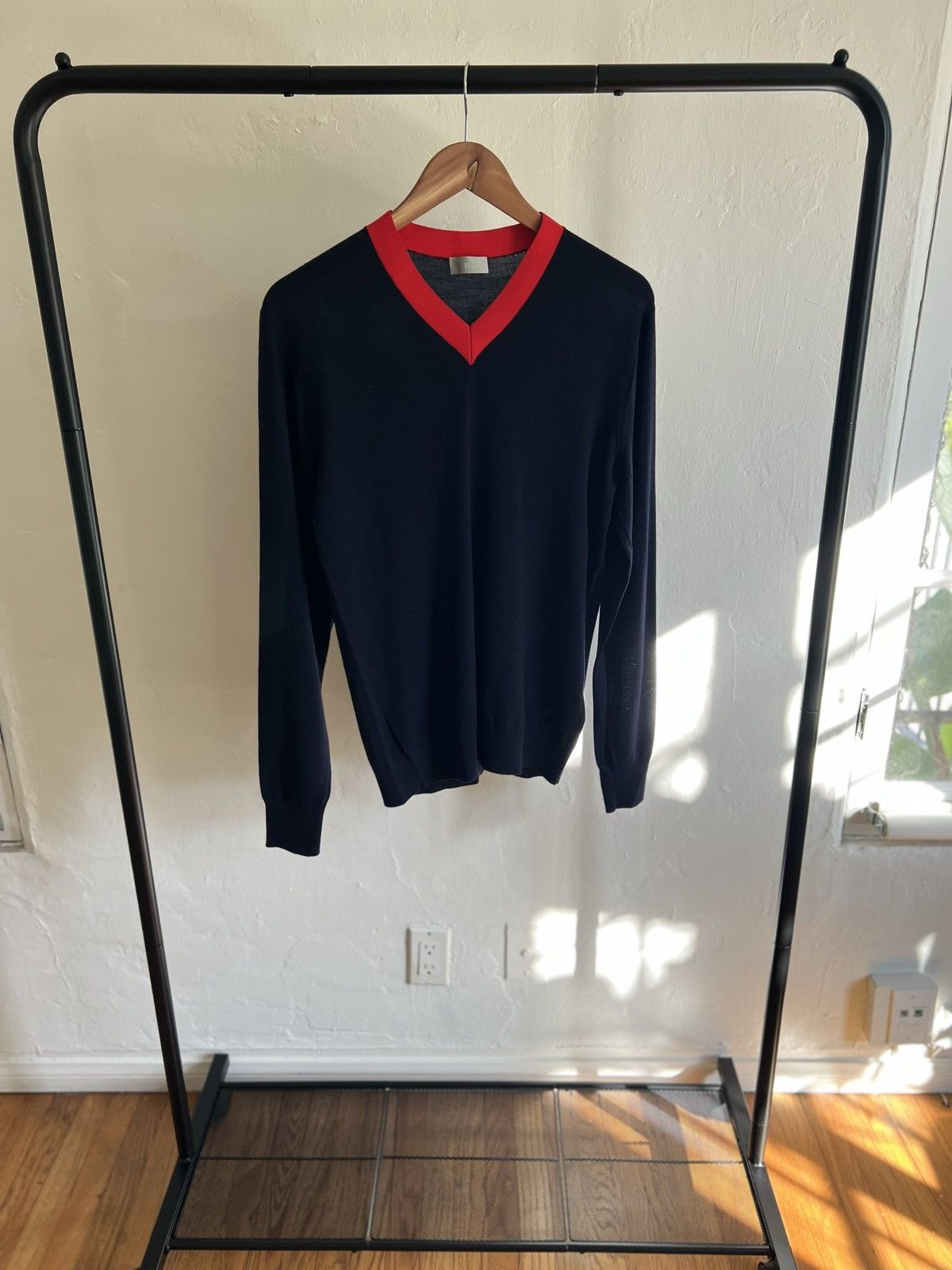 image of Dior Mens Navy And Red Wool V Neck Sweater (Size Small)