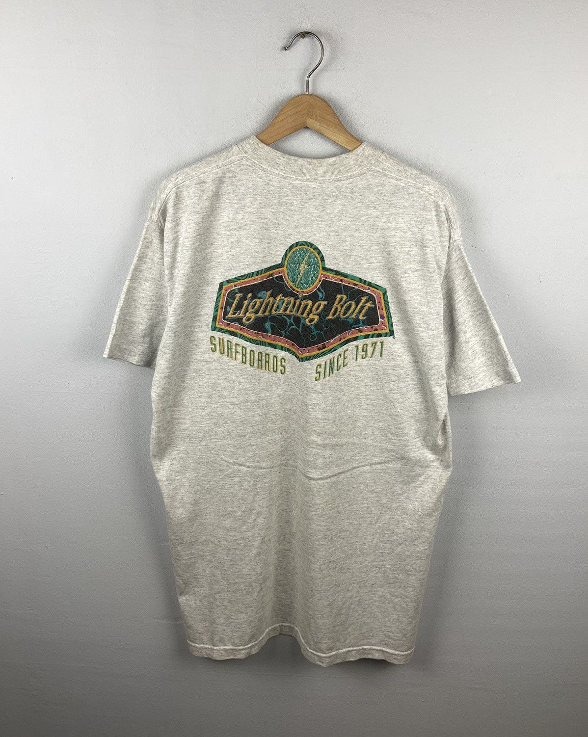 image of Vintage 90's Lightning Bolt Surfboard Tee in Silver, Men's (Size Large)