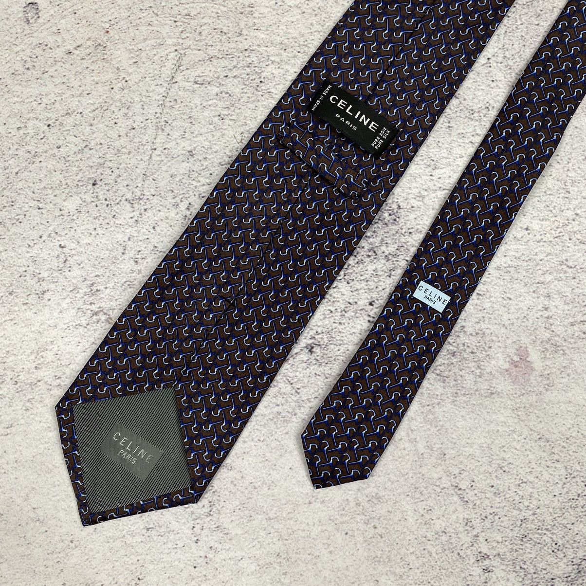 Celine Celine Paris Men’s Tie Pure Silk Brown Blue Logo Size ONE SIZE - 7 Thumbnail
