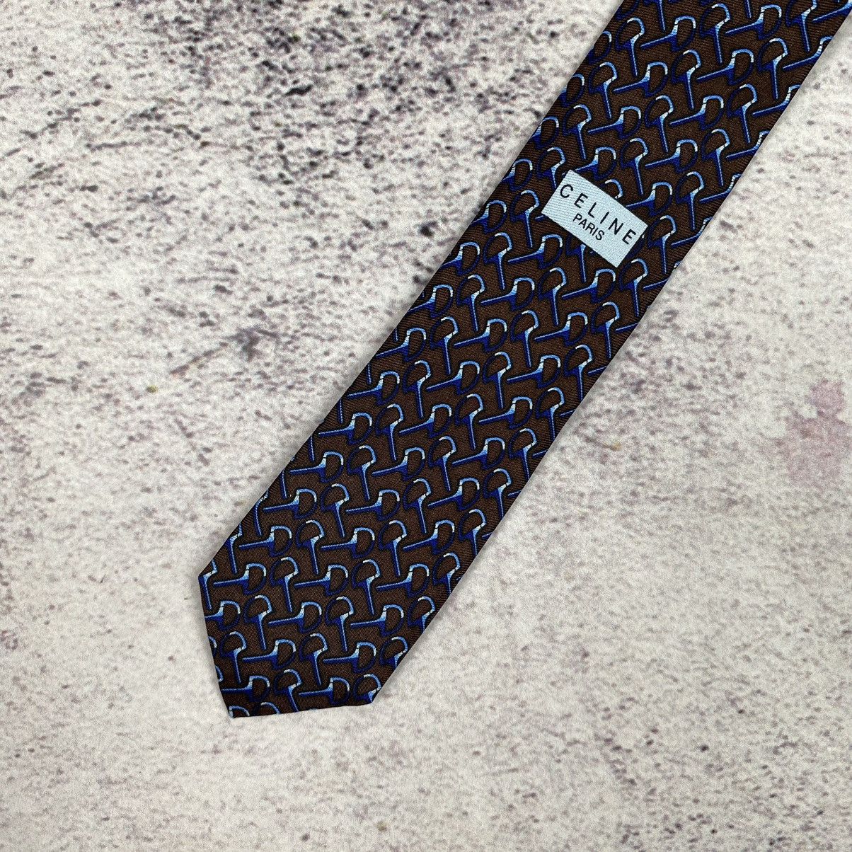 Celine Celine Paris Men’s Tie Pure Silk Brown Blue Logo Size ONE SIZE - 8 Thumbnail