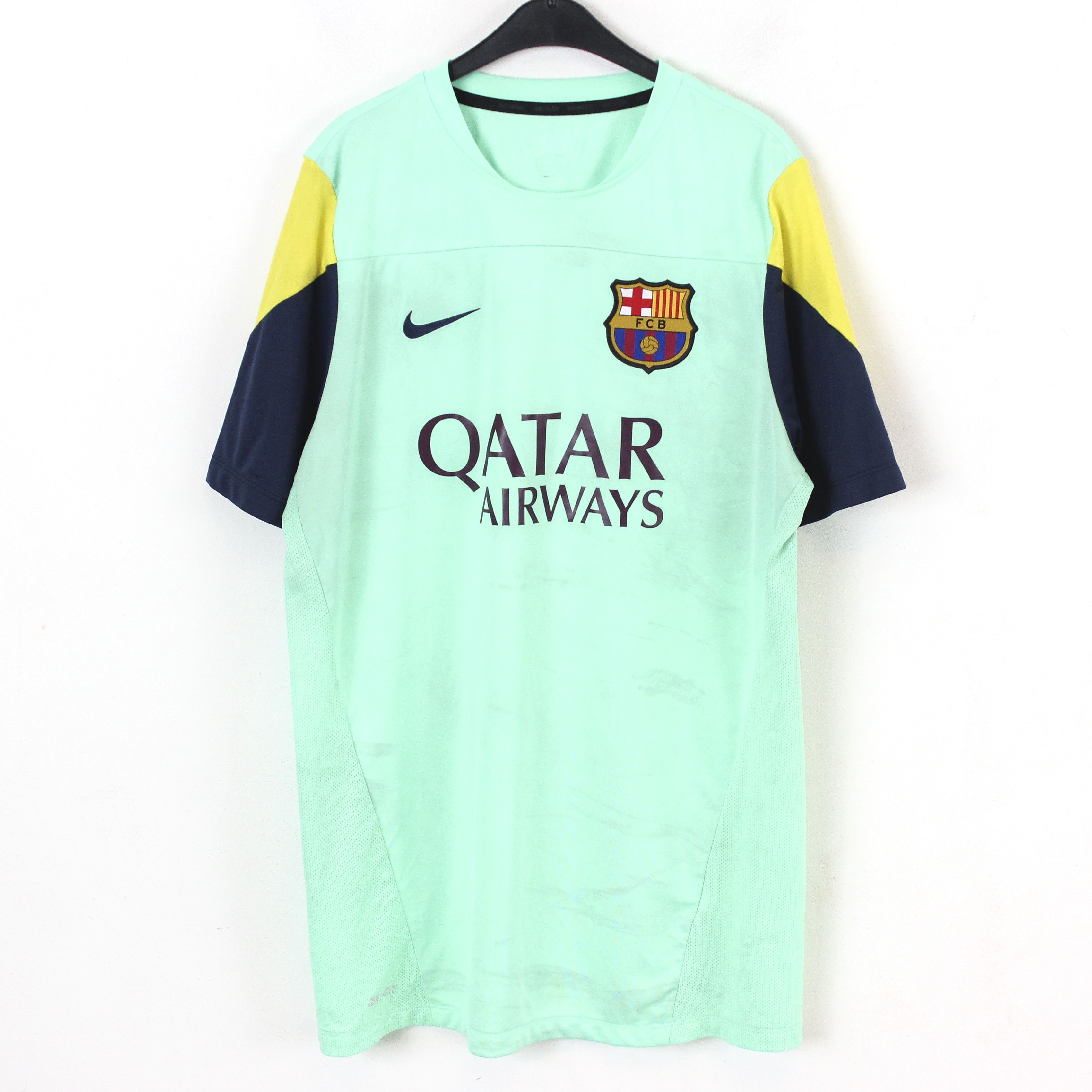 BARCELONA FCB Mens Sz Large Qatar Airways Green Soccer Jersey Fast Shipping!