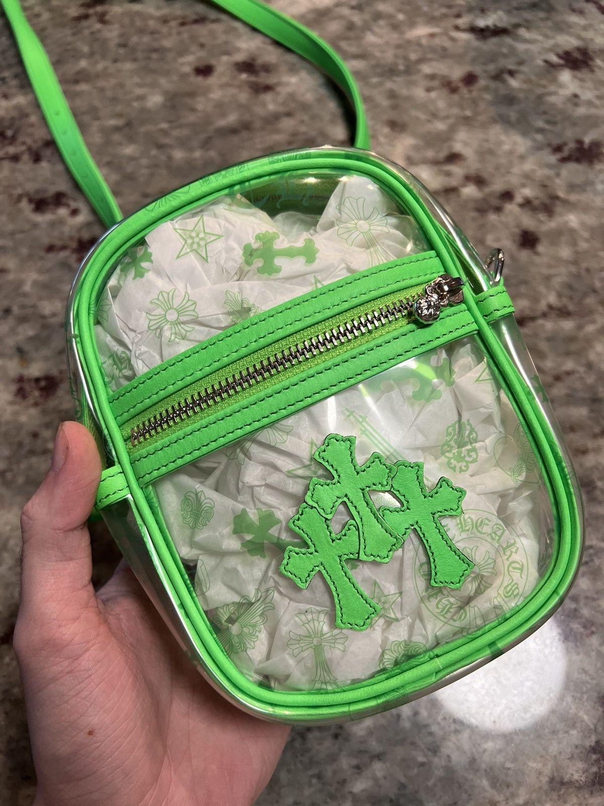image of Chrome Hearts Green Mini Leather Cross Taka Crossbody Bag, Men's