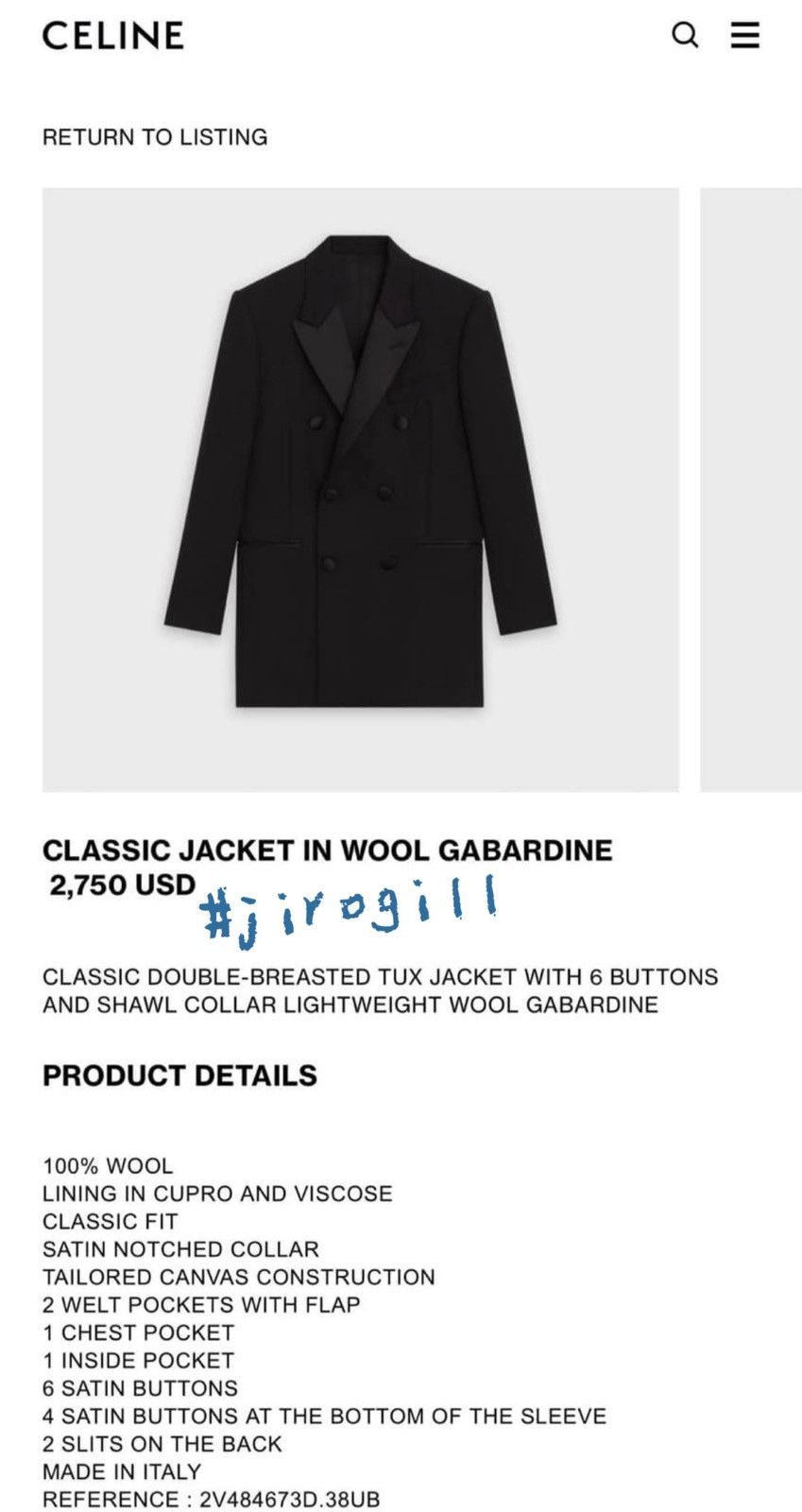 Celine × Hedi Slimane SS20 Double Satin Collar Jacket sz50 Size 50S - 9 Thumbnail