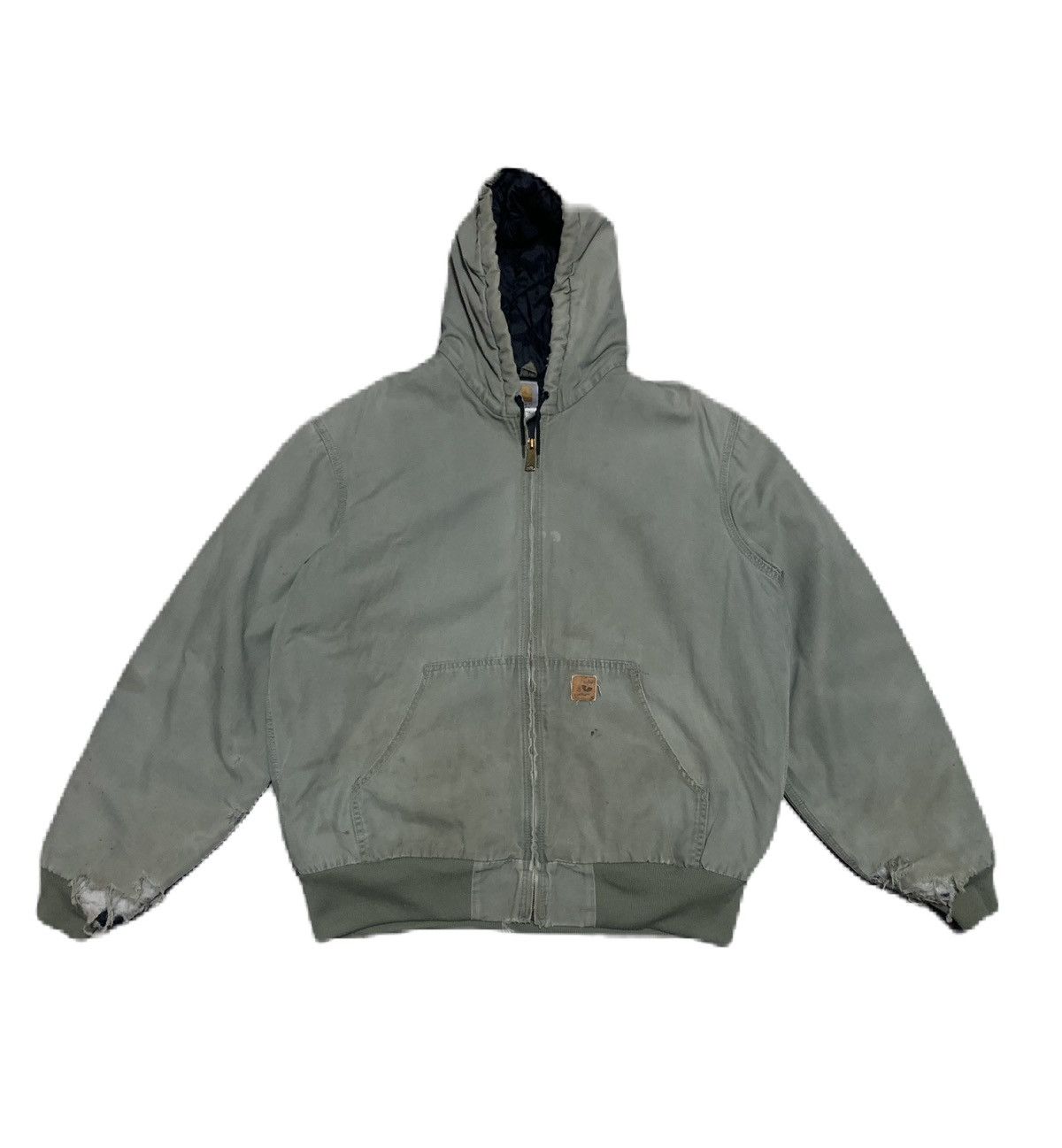 image of Trashed Carhartt Detroit Jacket Green Sun Faded in Faded Military Green, Men's (Size Large)