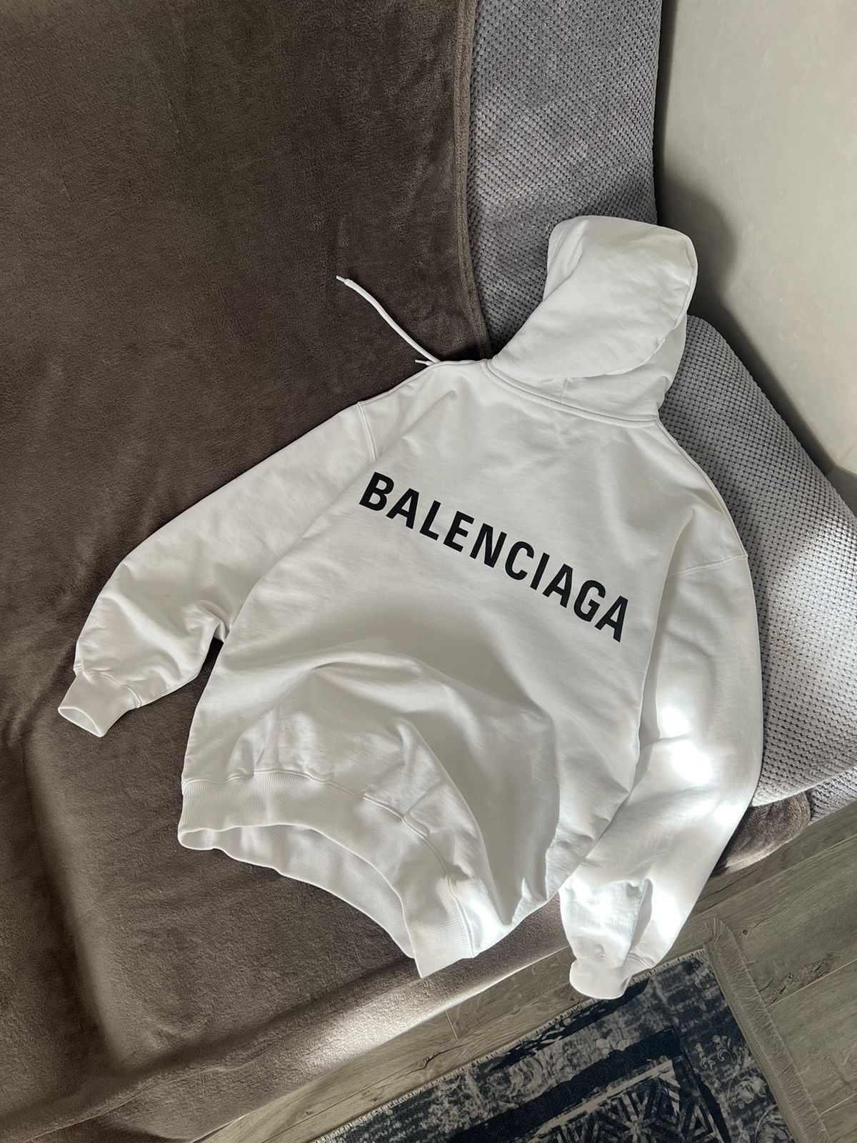 image of Balenciaga 2017 Fall Winter Archetype Big Logo Black Hoodie in White, Men's (Size Small)