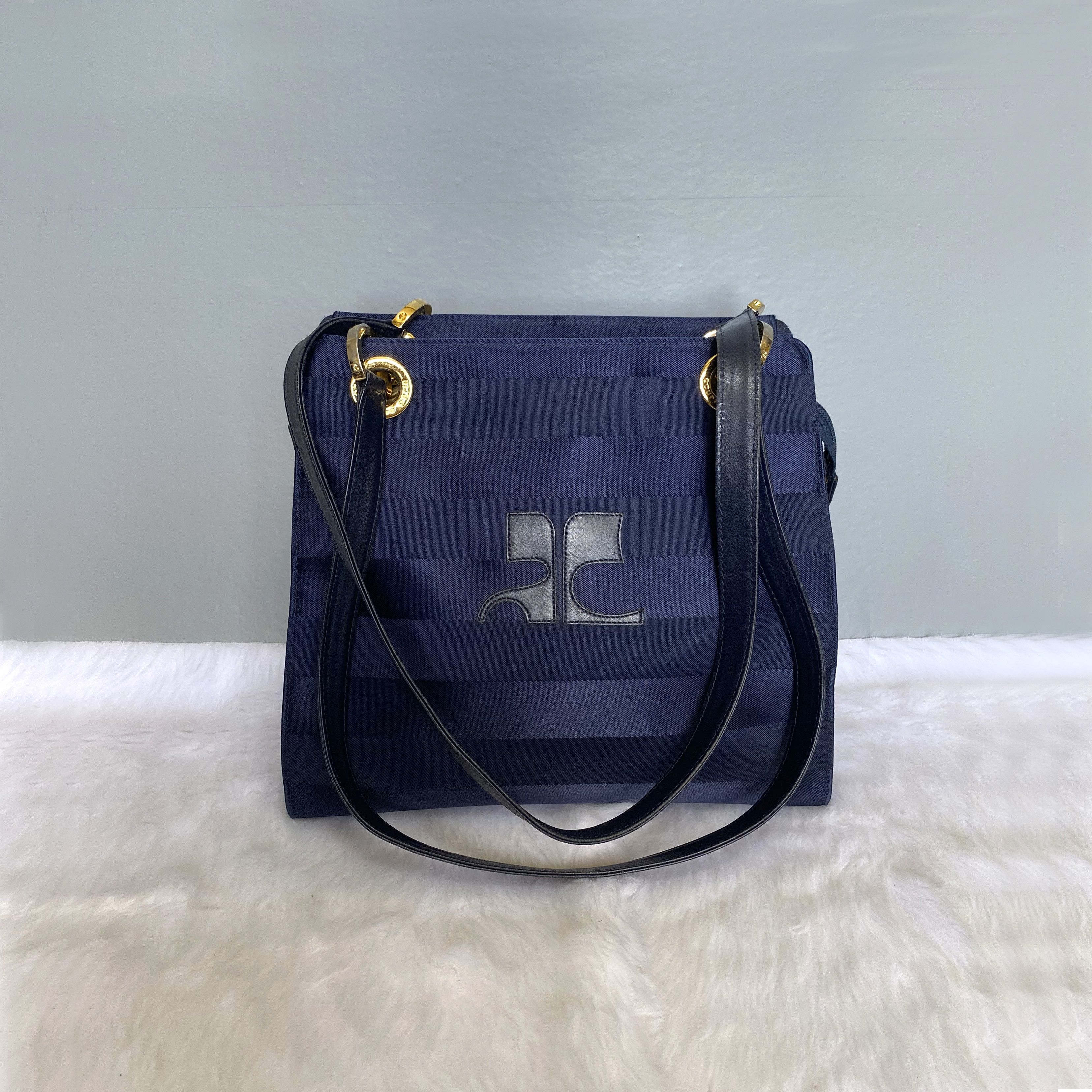 Courreges Vintage Navy Blue Striped Nylon Shoulder Bag
