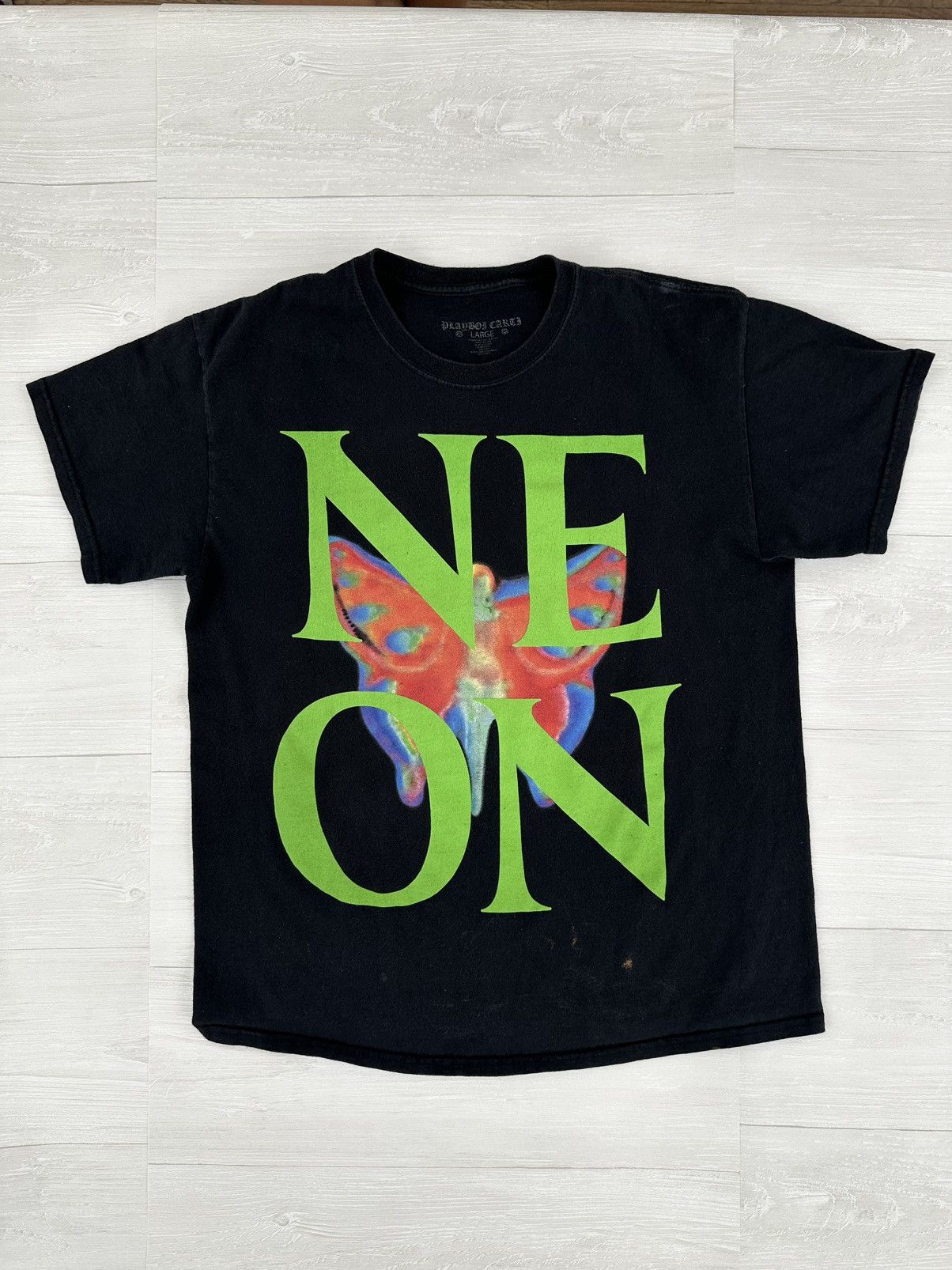 image of Playboi Carti Neon Tour Butterfly Logo Tee Black Sz. Large, Men's
