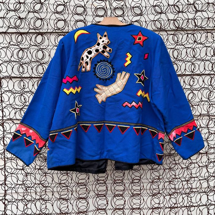 Vintage Indigo Moon Art Deco Native Wolf Blue Embroidered Jacket 