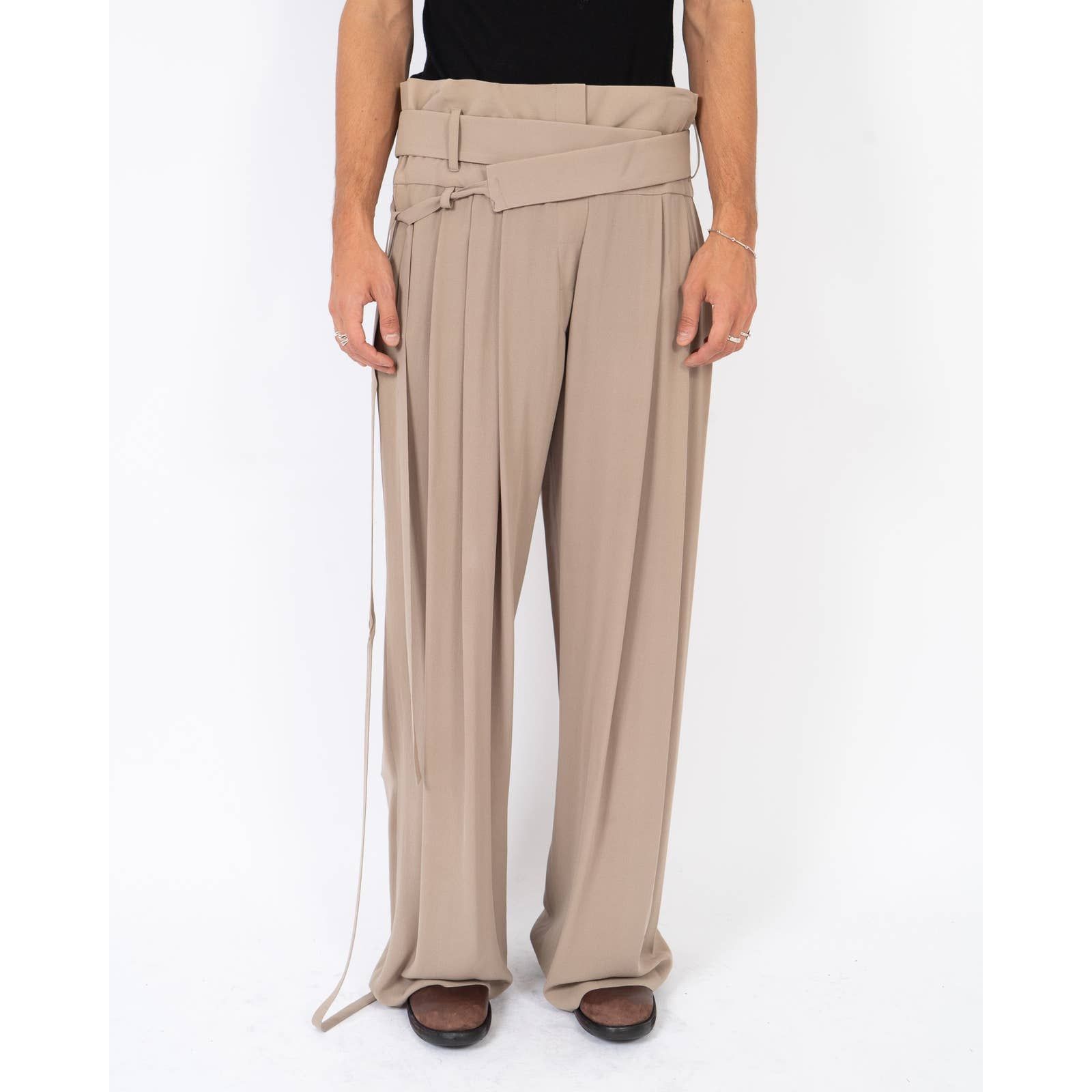 Pre-owned Haider Ackermann Ss07 Belted Mud Beige Silk Trousers In Cream