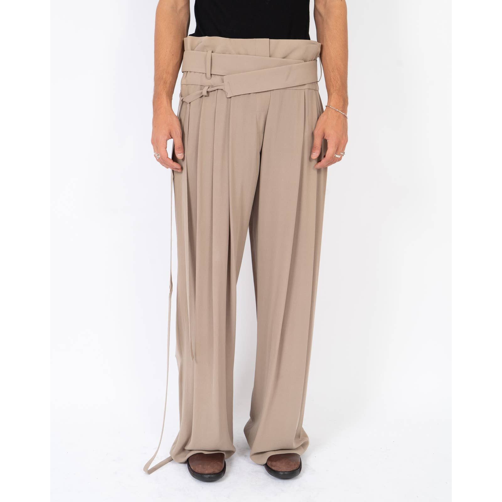 image of Haider Ackermann Ss07 Belted Mud Beige Silk Trousers in Cream, Men's (Size 30)